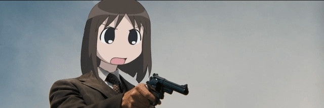 Osaka from Azumanga Daioh pointing a gun at the viewer