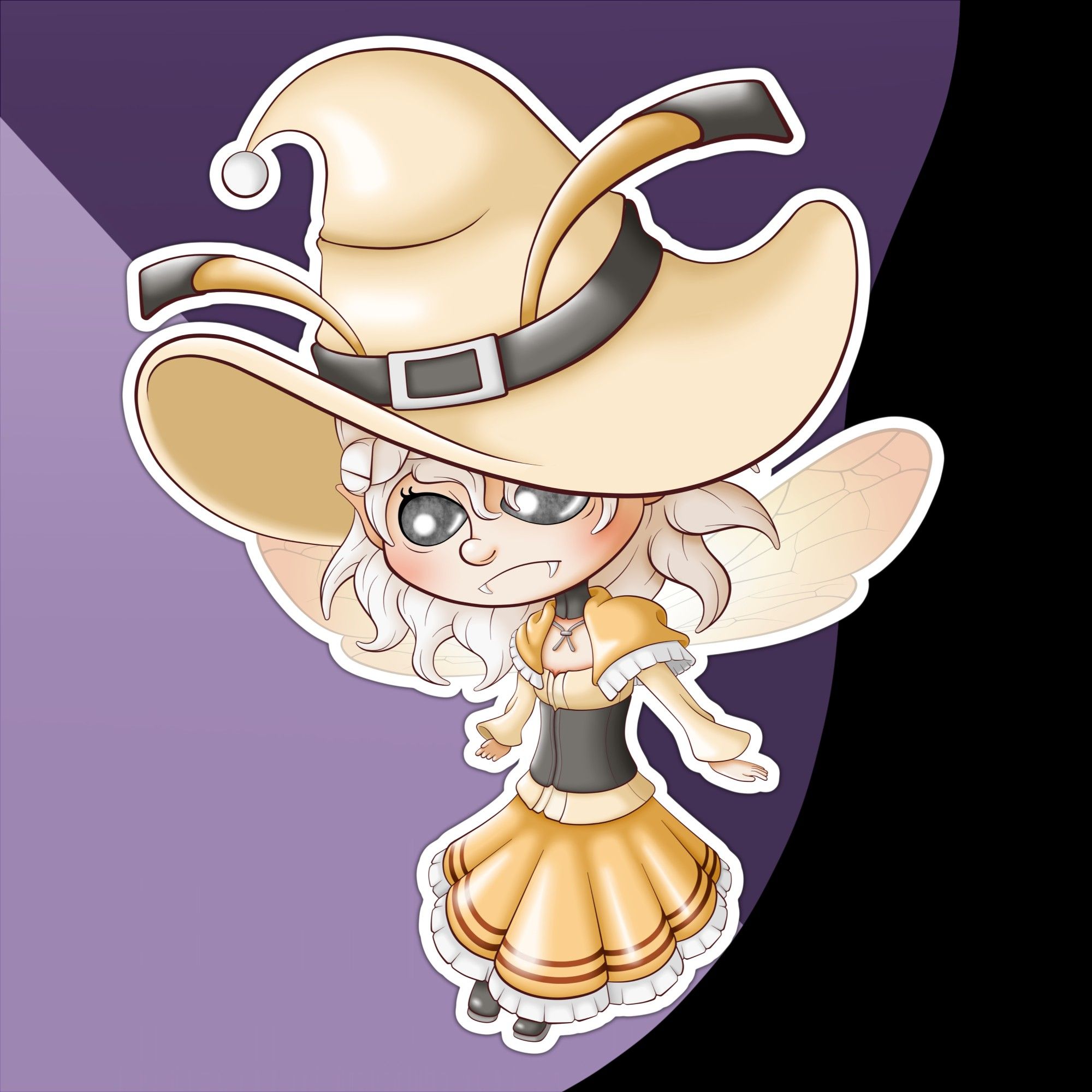 Chibi artwork featuring Fey Le Dey as a Victorian Witch!

Fey Le Dey is a fairy, which in our universe means she has insectoid features. In her case; fangs, feelers, wings and black eyes. Her other body differences do not show well due to the chibi form.

For this event, Le Dey comes dressed as a Victorian Witch, though colored yellow to fit her usual scheme. This includes a large hat, dress and corset. A couple of 'rural' touches were added to fit her vanilla nature theme, such as the frills and shoulder coat.