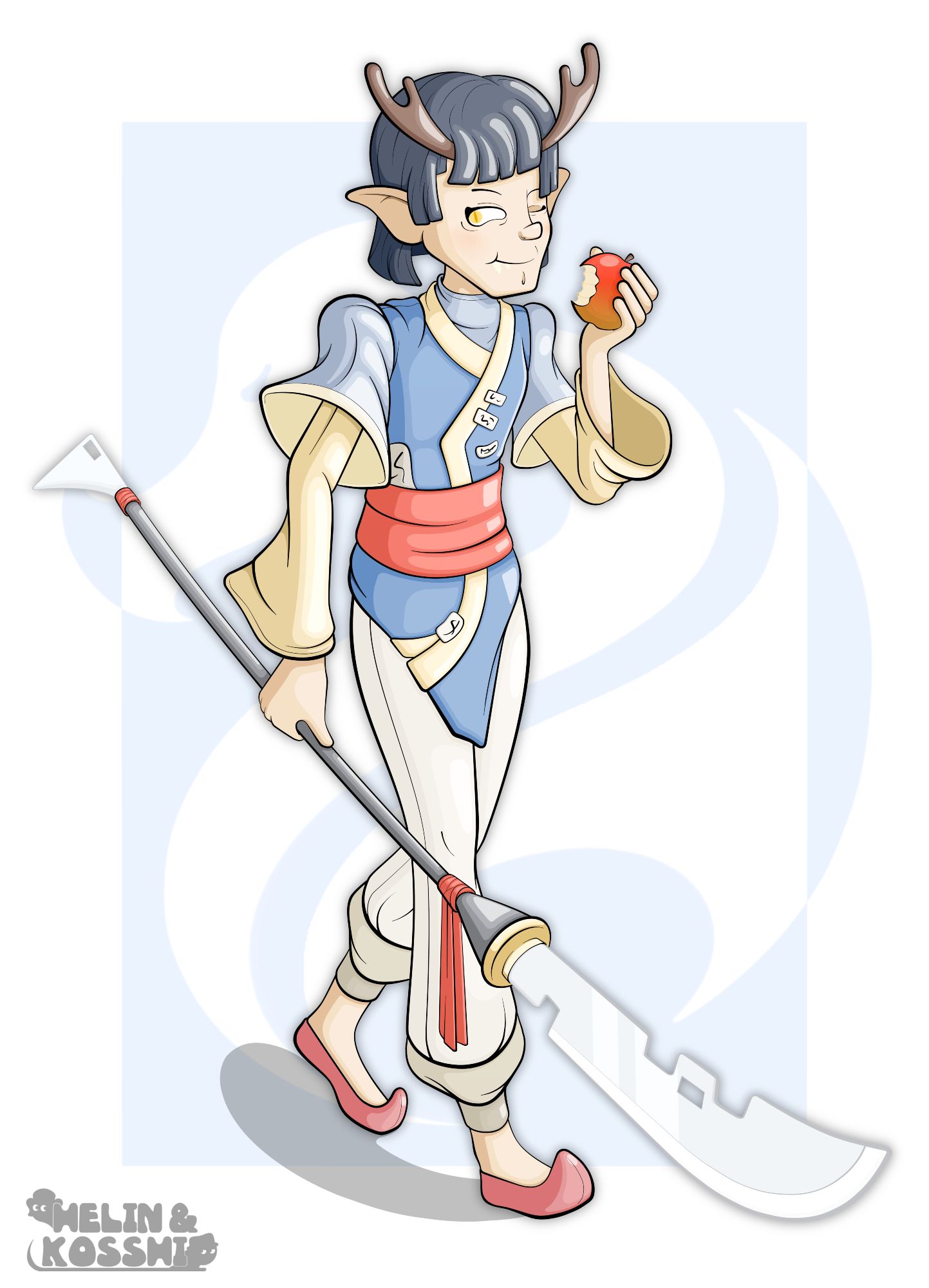 Full-body artwork featuring Huanlong, the Azure Dragon. Usually known as just Azure.
In this reference artwork, Azure is seen slowly stepping forward while eating an apple. He is dressed in a blue-toned Hanfu and wields a polearm weapon.

Azure is a major character in the Symphony saga and he has a primary role in the first and second book.