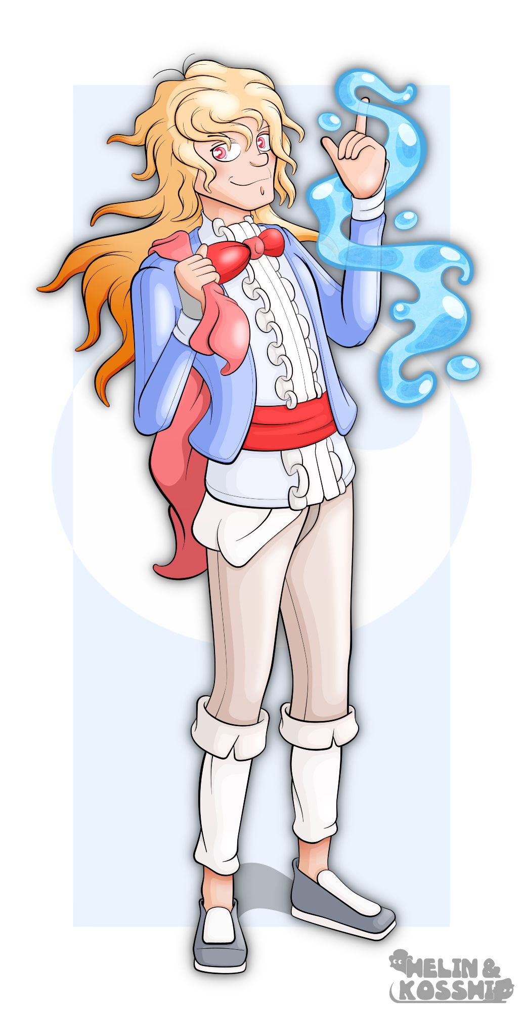 Full-body artwork featuring Rhys, the Liquid Loverboy!

As an Alteran human, Rhys is similar to Earthlings. He is fairly tall and slender, with long blonde hair (reddish tips), fair skin and red eyes. He is standing slightly backwards, giving off a somewhat smug smile.

Rhys' outfit has its roots in Spanish nobility, with especially the central frills and red cloak (which he currently hangs over his shoulder) being notable. Within context, this is the school uniform of the reformed Hagen's Ville Academy. His shoes are more modern looking. Some parts of the outfit are sloppy, such as the untucked shirt.

Rhys is a major character in the Symphony series, but he will not be born until the final book. Here he becomes a member of the Serenade Company, being one of the six protagonists.