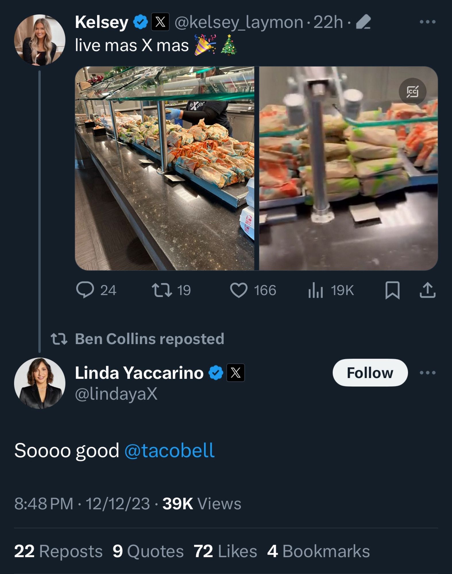 A screenshot from Twitter showing a tweet from a user named “Kelsey” that says: “live mas  x mas” followed by a celebration and tree emoji. There are attached pictures depicting what appears to be a self-service display of Taco Bell products. X CEO Linda Yaccarino replies to the tweet with “Soooo good @tacobell”