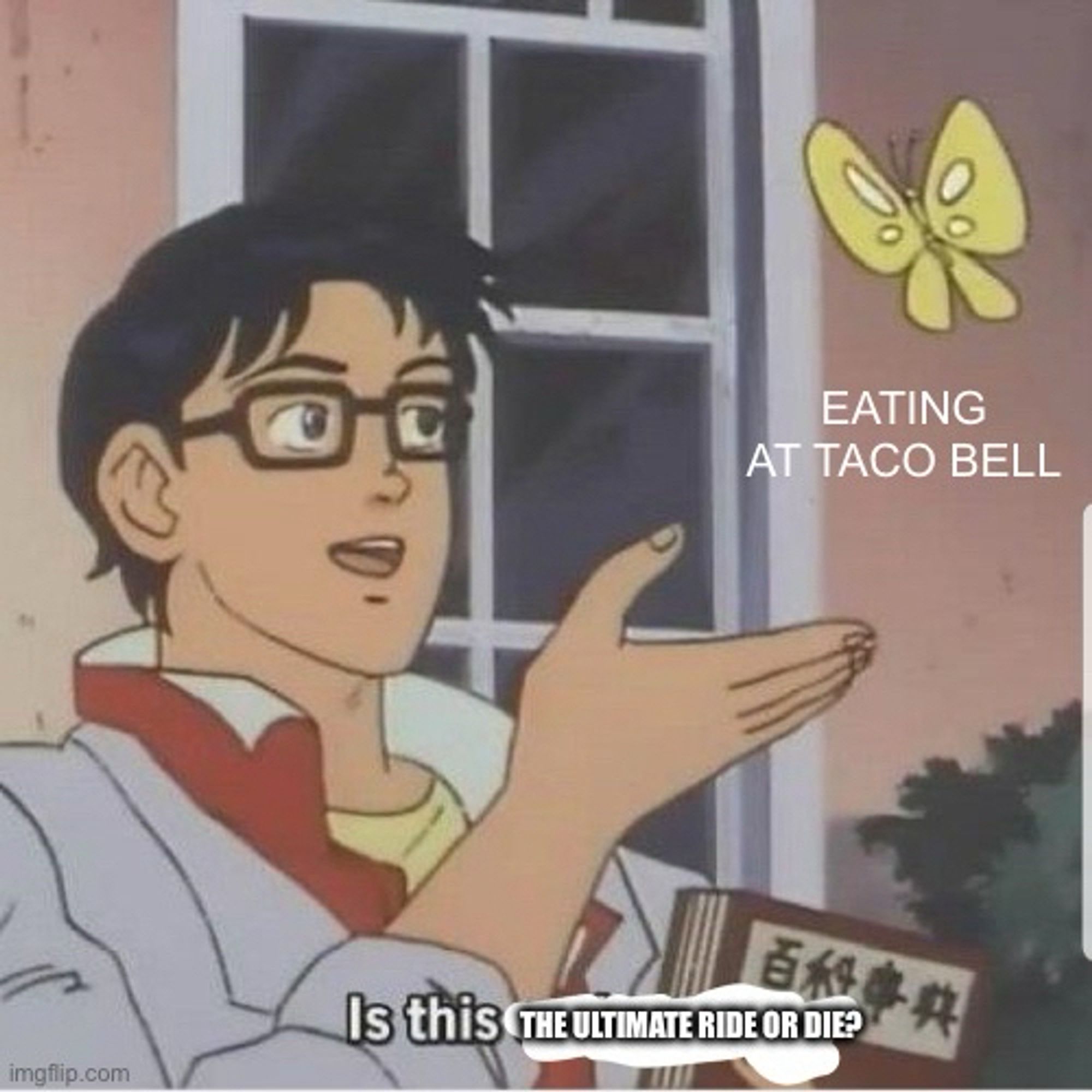 The confused butterfly meme, depicting a scene from an anime where a student with glasses appears to be confused about a butterfly. The bottom text has been changed to a meme to say “Is this the ultimate ride or die?” Under the butterfly is the text “eating at Taco Bell”