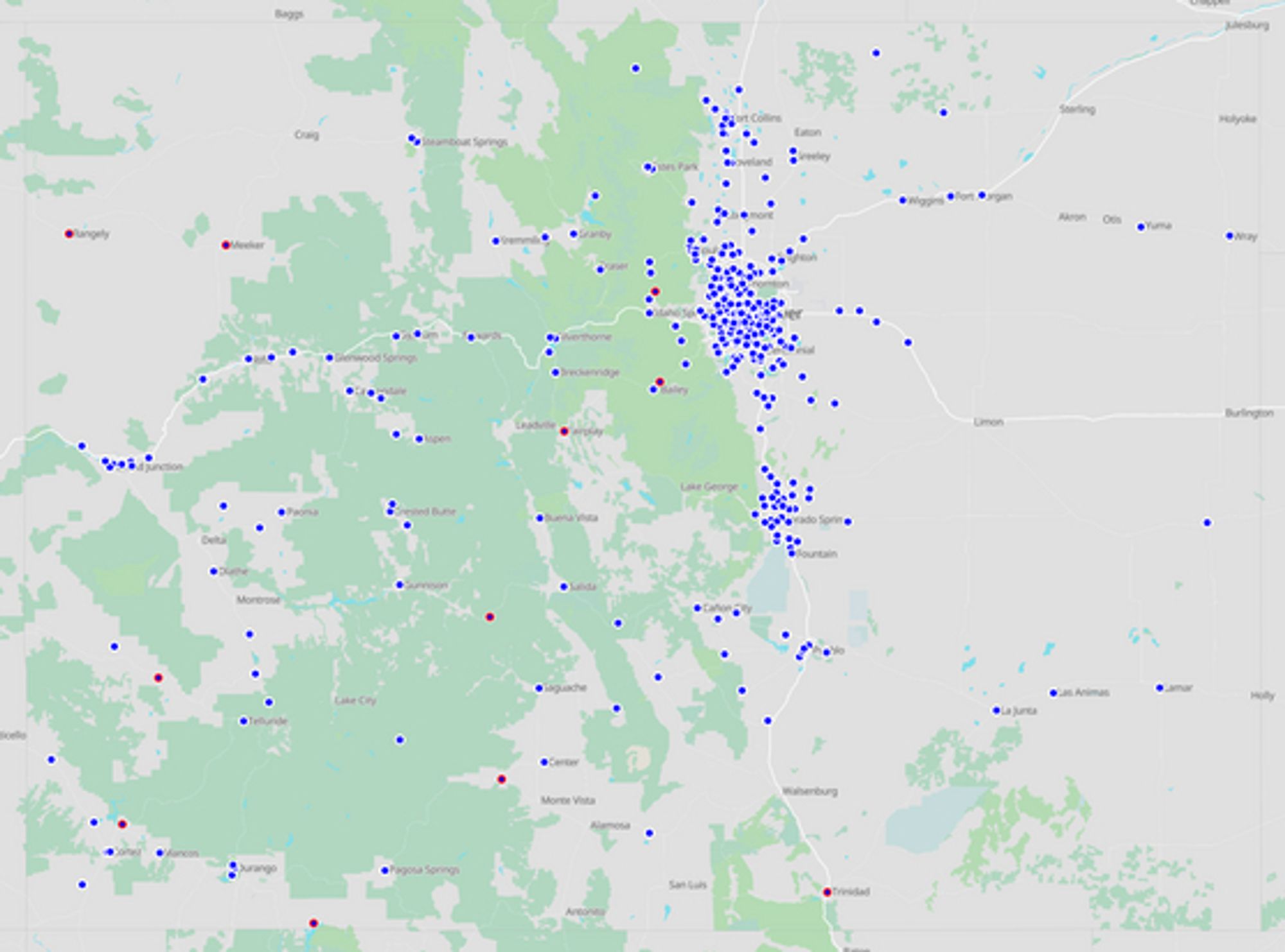 A map of Colorado with blue markers for ballot boxes. The clustering roughly follows the expected population map for the state, heavy in the big cities and sparse out in the plains and mountains.