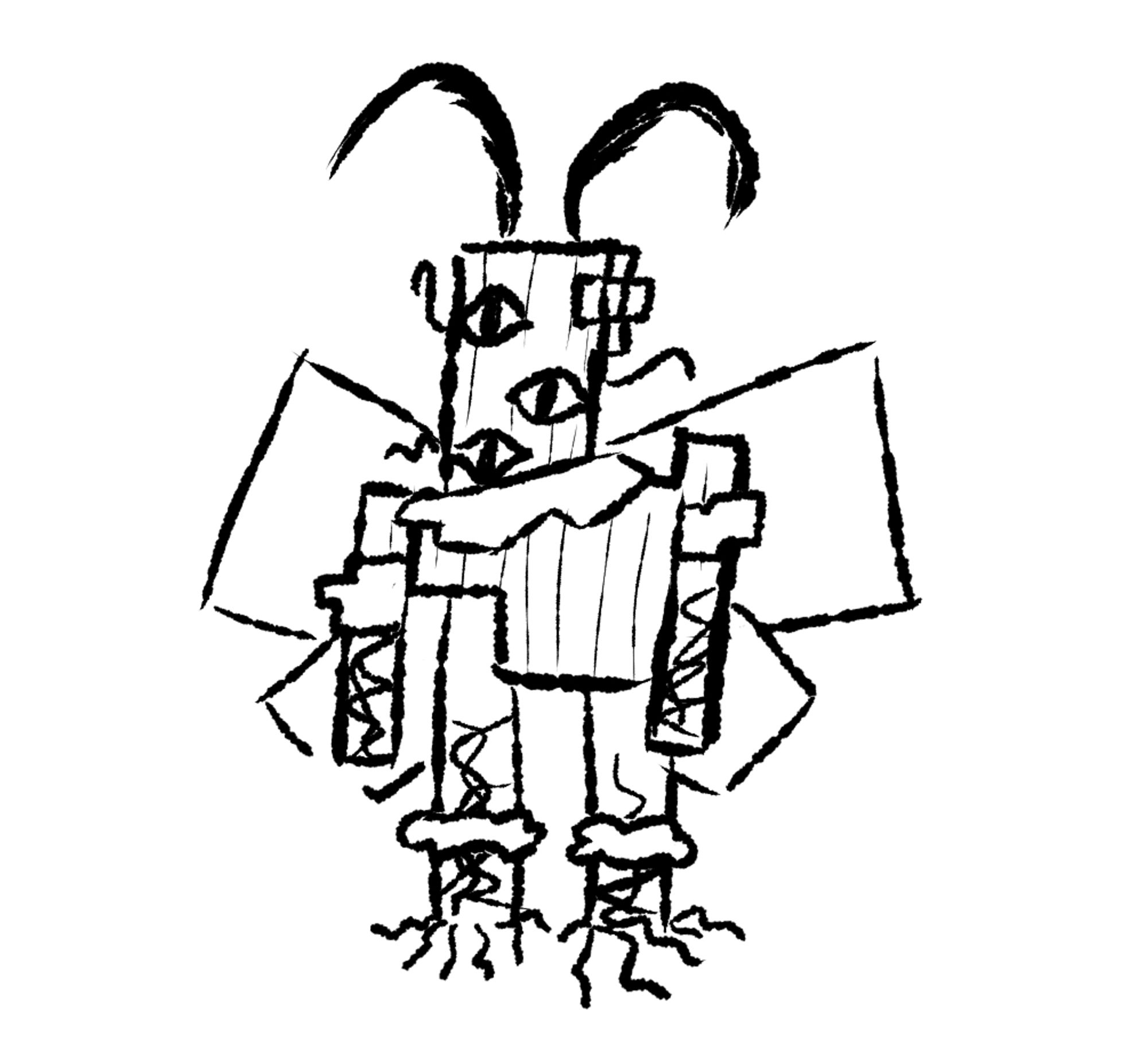 Mothiva with three eyes, block-like wings, woody skin and vine feet.