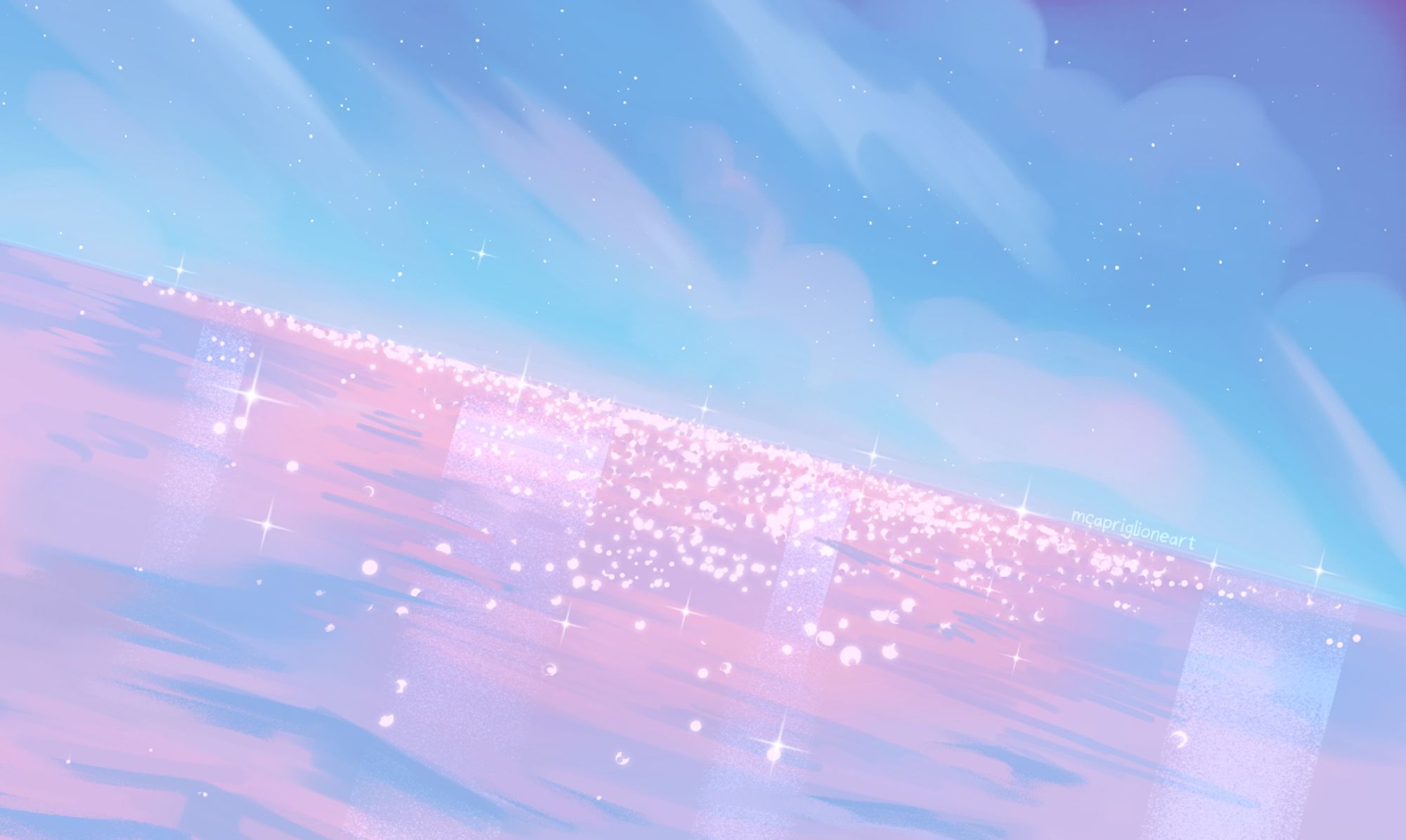 drawing of a blue sky with a pink ocean and sparkles