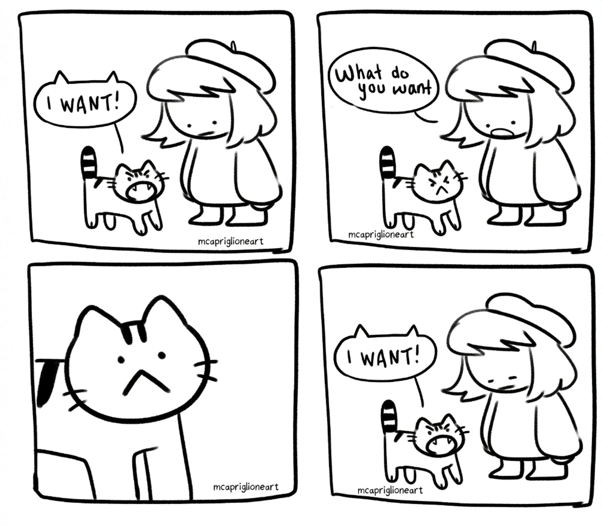 four panel black and white doodle comic with a person and their cat. panel 1, the cat yells, "I WANT!". panel 2 the person says "What do you want". panel 3, the cat stops and stares blankly. panel 4, the cat yells "I WANT" again