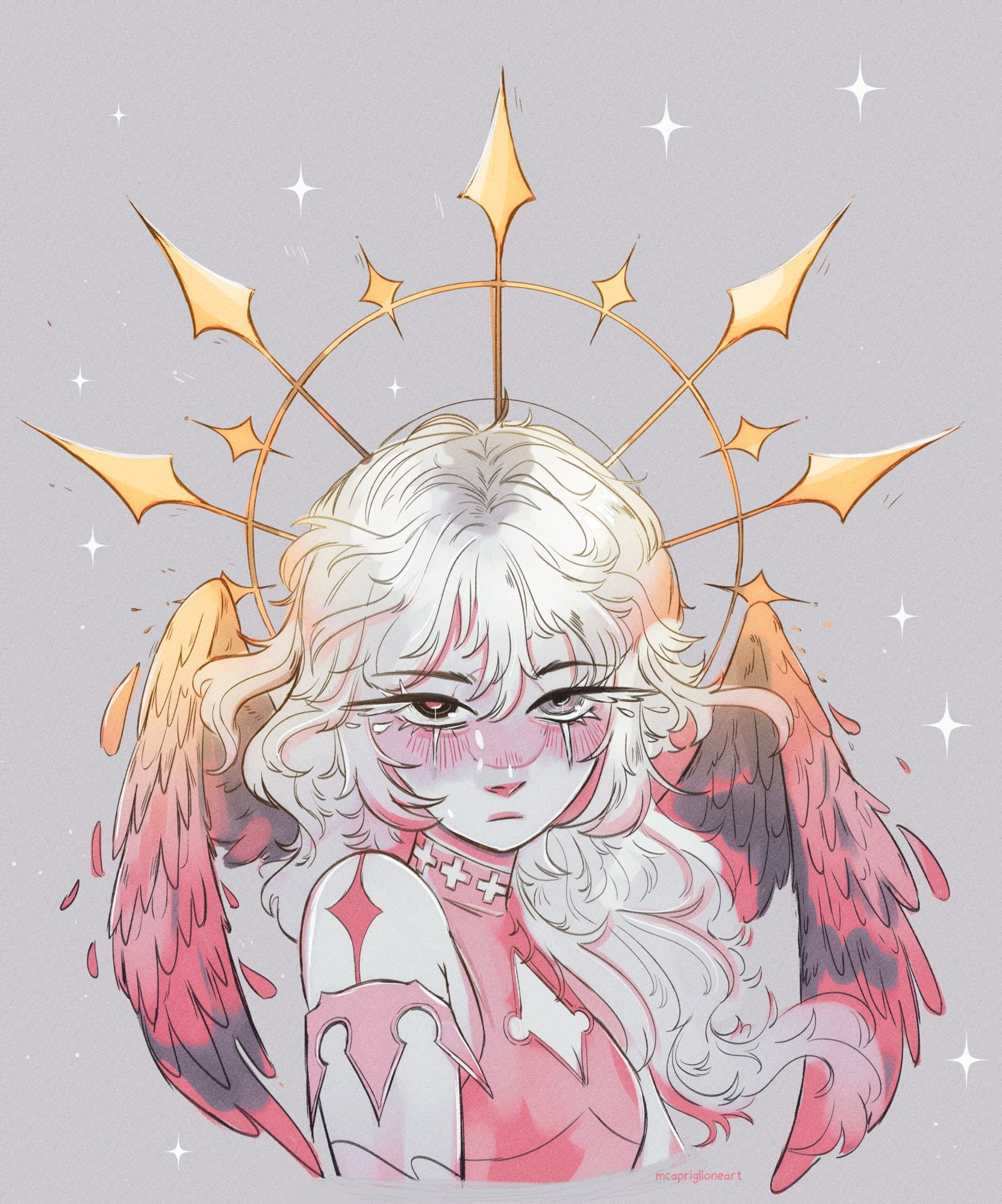 sketch of an angel with a pointy yellow halo