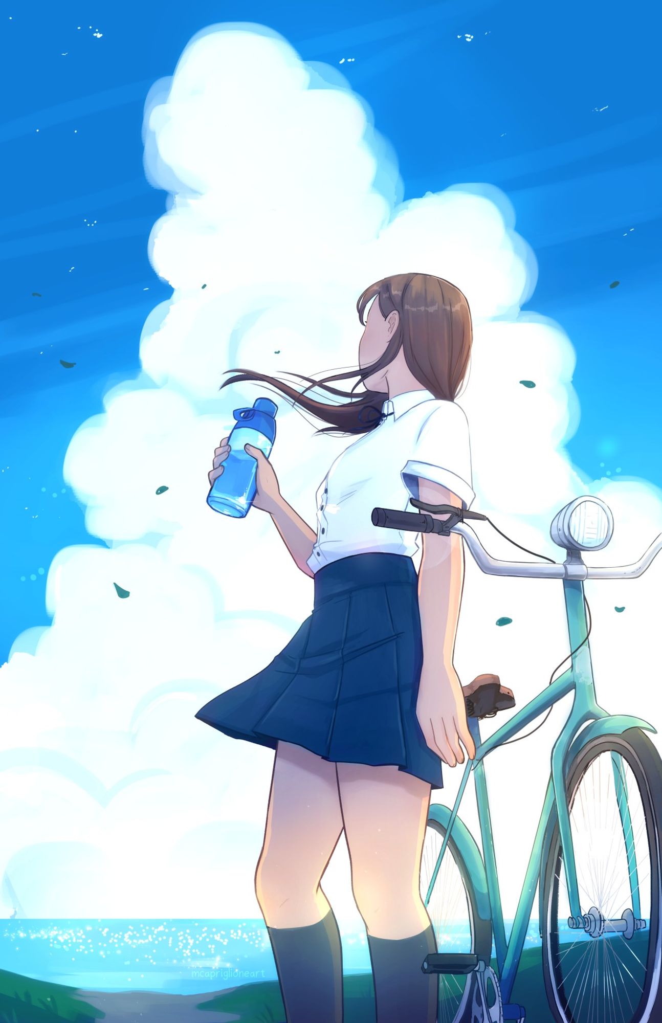 drawing of a girl standing next to her bike and drinking water with a blue sky background