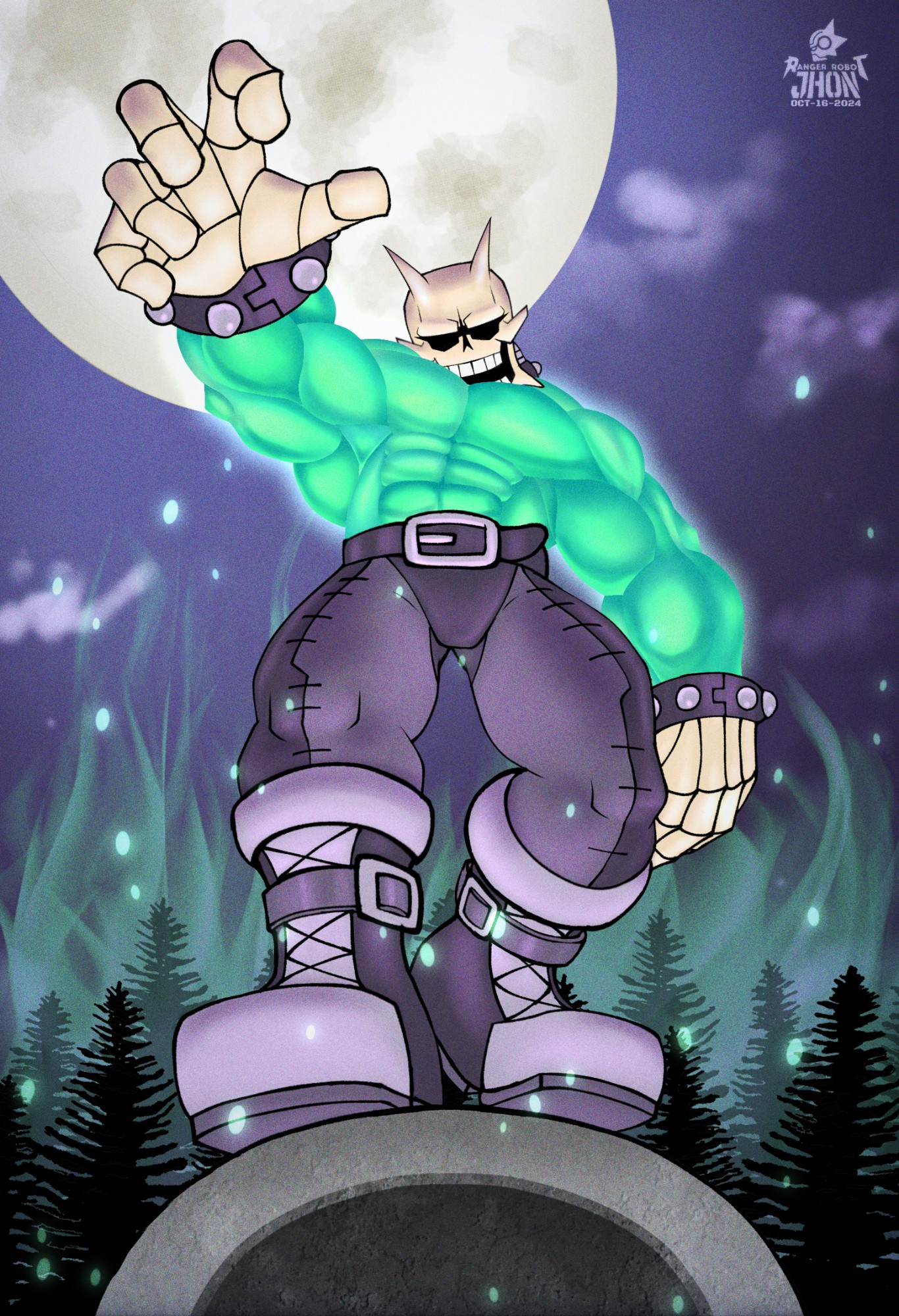 An undead-like creature with a transparent body standing on a tombstone and posing in a spooky way. Behind him is a burning forest filled with green flames, as well as the moon shining in the night sky