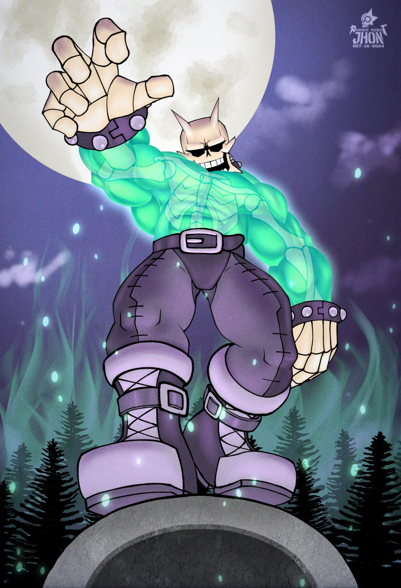 An undead-like creature with a transparent body standing on a tombstone and posing in a spooky way. Behind him is a burning forest filled with green flames, as well as the moon shining in the night sky