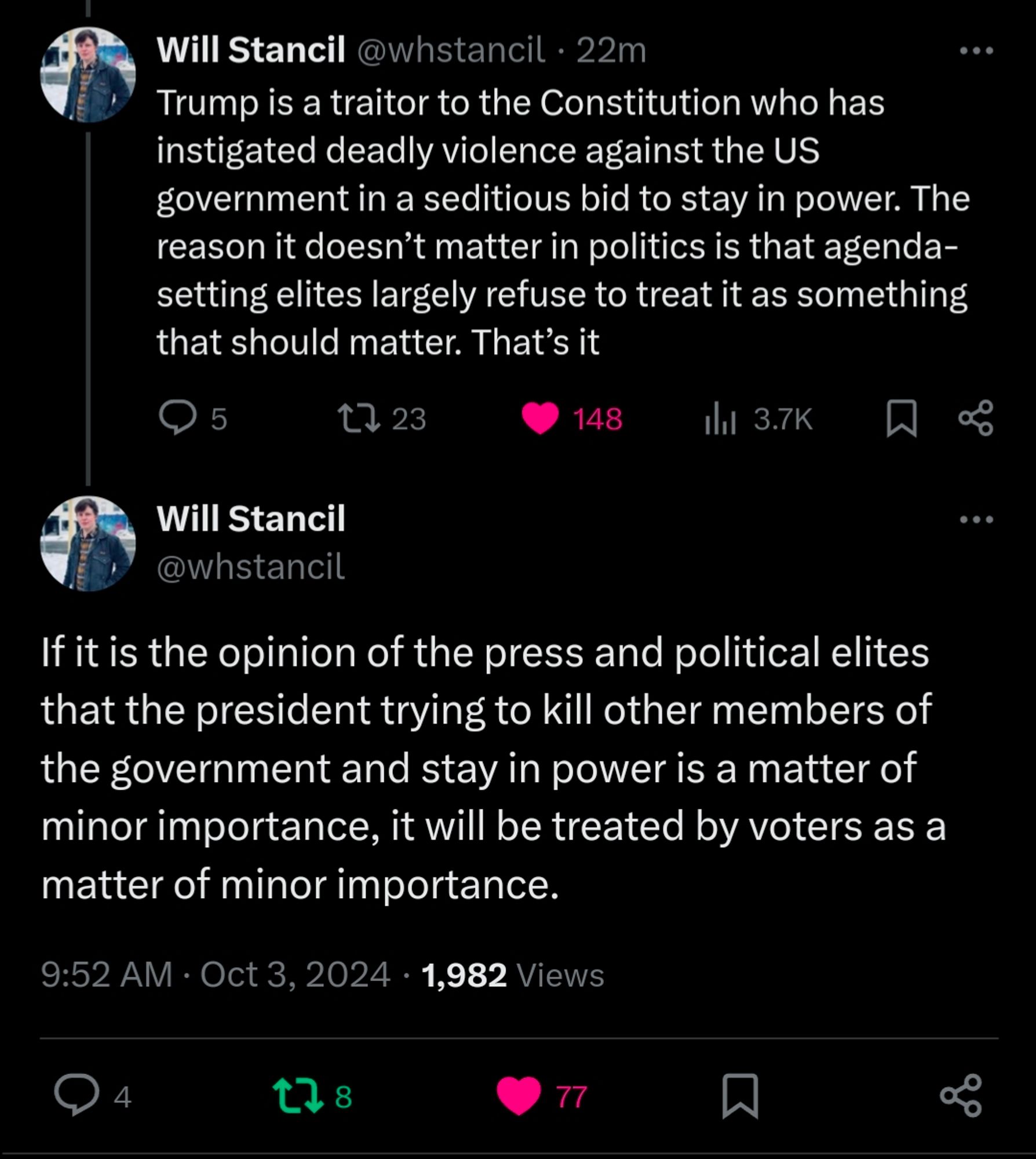 Trump is a traitor to the Constitution who has instigated deadly violence against the US government in a seditious bid to stay in power. The reason it doesn’t matter in politics is that agenda-setting elites largely refuse to treat it as something that should matter. That’s it

If it is the opinion of the press and political elites that the president trying to kill other members of the government and stay in power is a matter of minor importance, it will be treated by voters as a matter of minor importance.