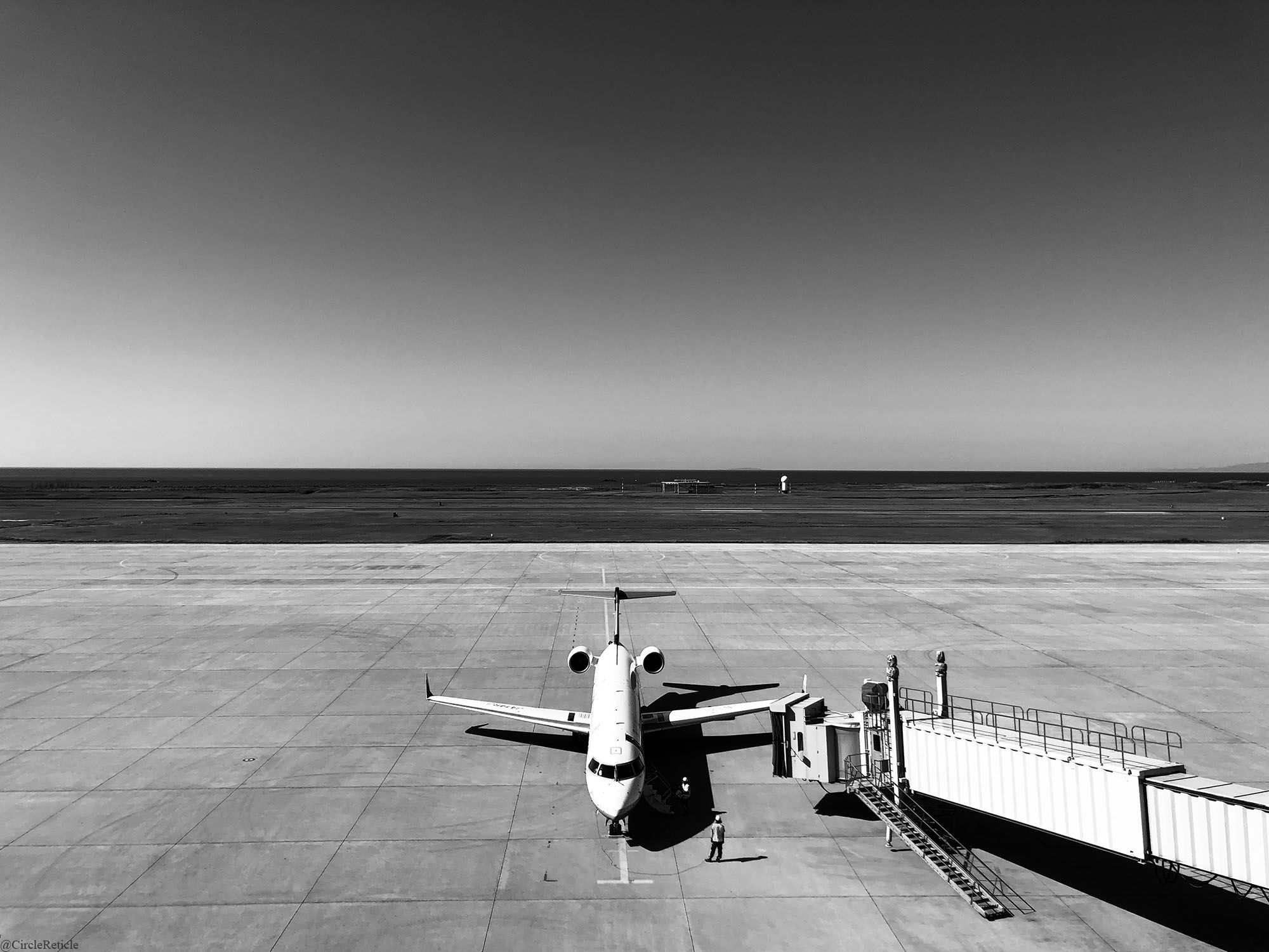 Looking down a regional jet CRJ700 preparing for takeoff