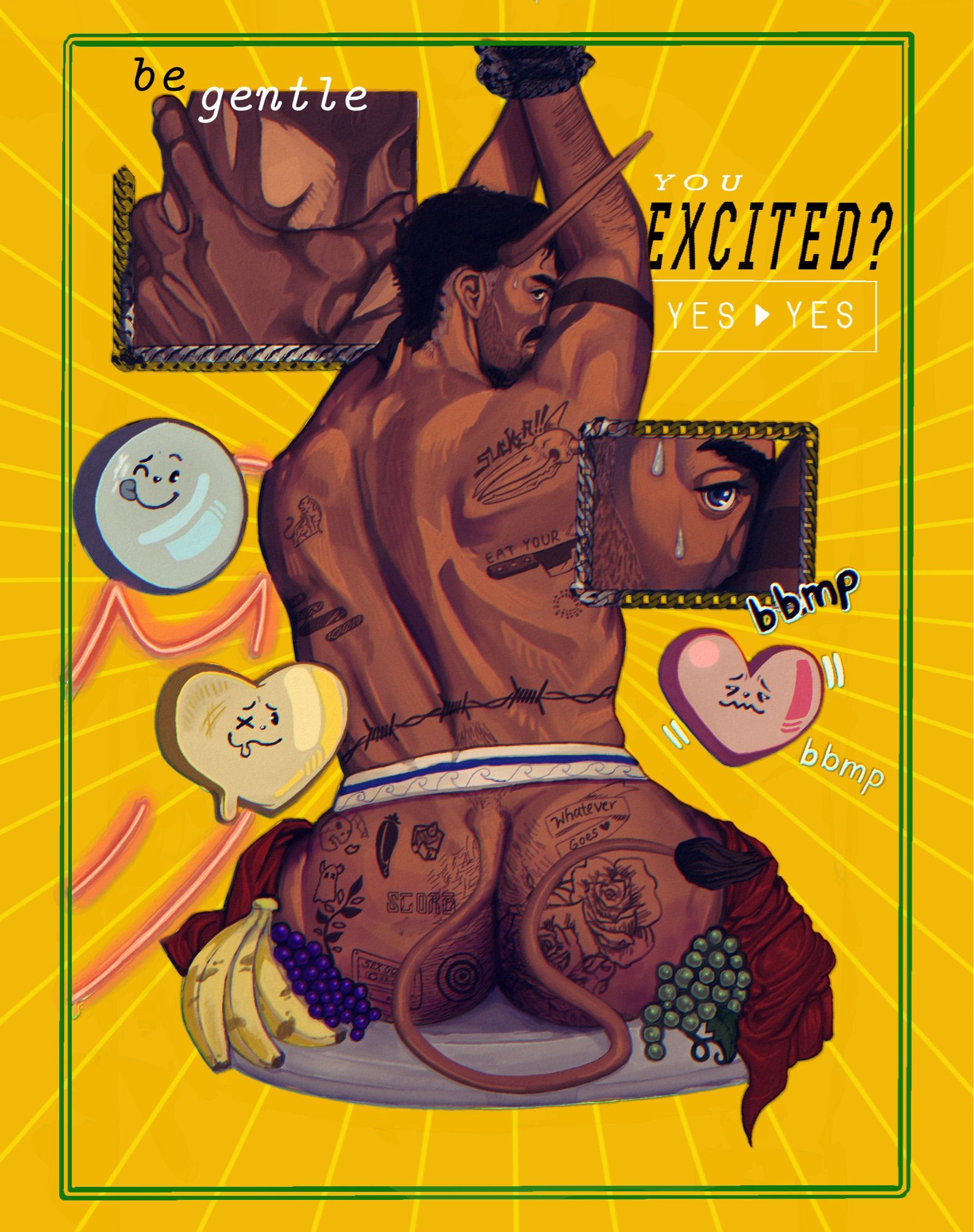 A red demon balances on a platter with his hands chained above his head. The view is of him from behind with his face turned in profile. His back is adorned with tattoos and fruits rest around his buttocks. Smaller vignettes depict a closeup of his eye as well as a hand wrapped around a throat. Text on the poster read “you excited? yes or yes” and “be gentle”. The background is bright yellow and decorated with suggestive emojis