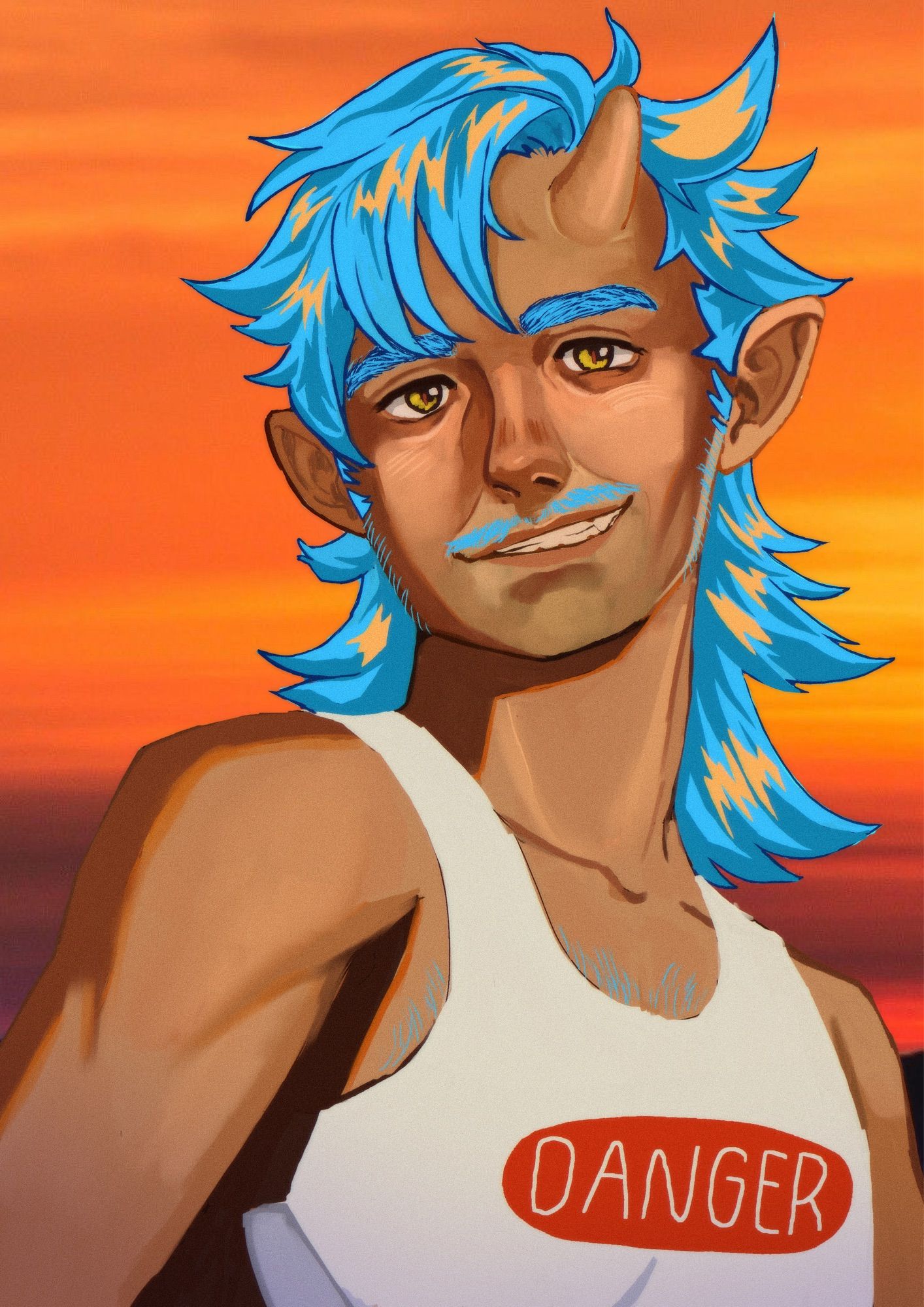 A shaggy blue-haired, one-horned man smirks out towards the camera. He is wearing a white tank top with a red oval that says, “DANGER” and he stands in front of an orange sunset.