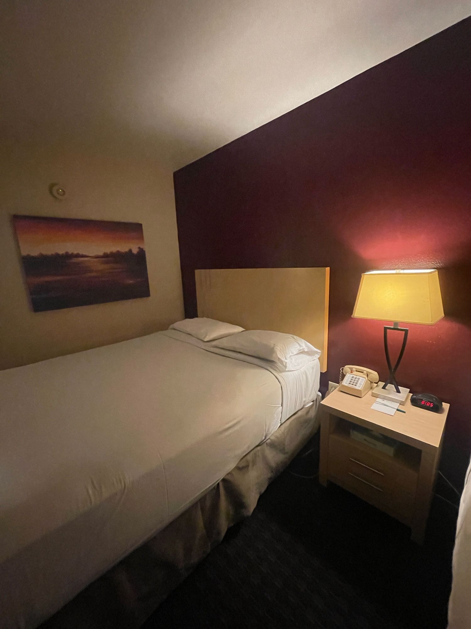 a classic American quickie motel room. maroon walls. an outdated lamp.