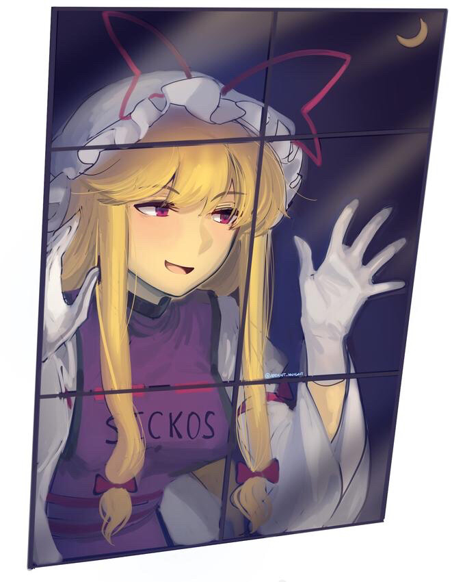 The sickos meme showing an image of a intense-looking man with a shirt labelled “SICKOS” standing in a building looking out of a large multi-paned window and laughing while saying “YES… HA HA HA… YES” except that in this instance Yakumo Yukari from Touhou Project (in her standard white and purple attire although the word SICKOS is emblazoned across the chest of her top) takes the place of the sickos guy. Also the usual words are omitted in the image, hence my including them as part of my post.