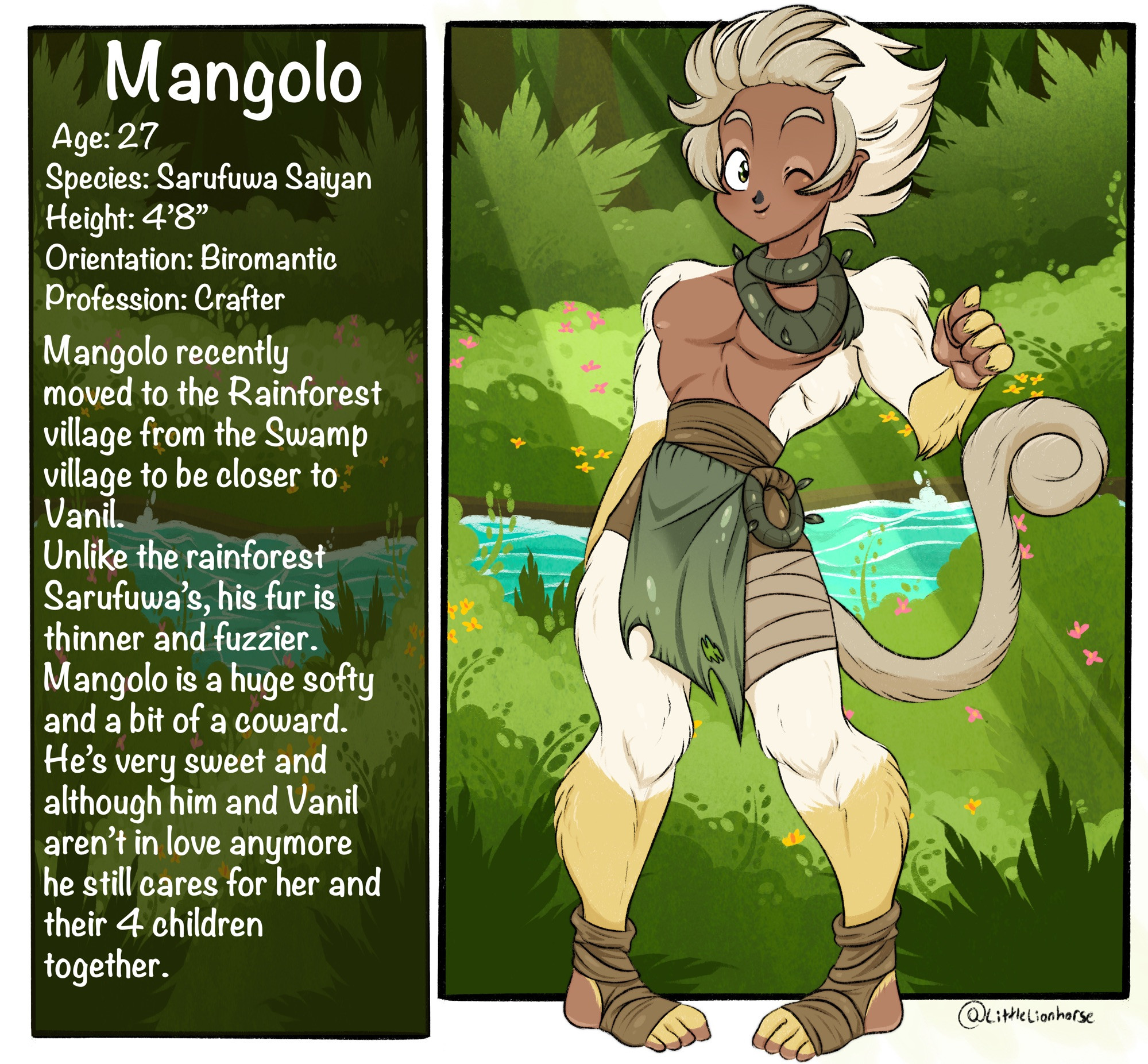 Mangolo is a Sarufuwa Saiyan (a species I made up) and was perviously married to Vanil.