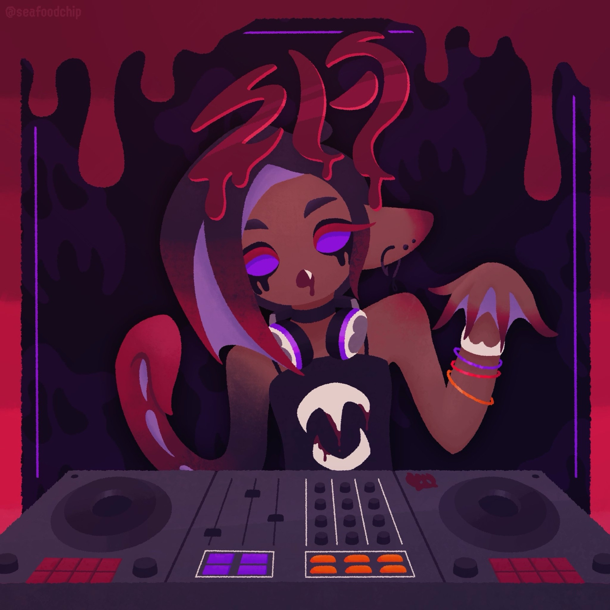 Artwork emulating Splatoon’s album cover artstyle of a personal interpretation of Bloody Hook, the artist behind the Splatoween lobby song “Deepers Creepers” who does not have an official design. The album art features a vampire squid DJ with a predominantly black, red, and purple color scheme