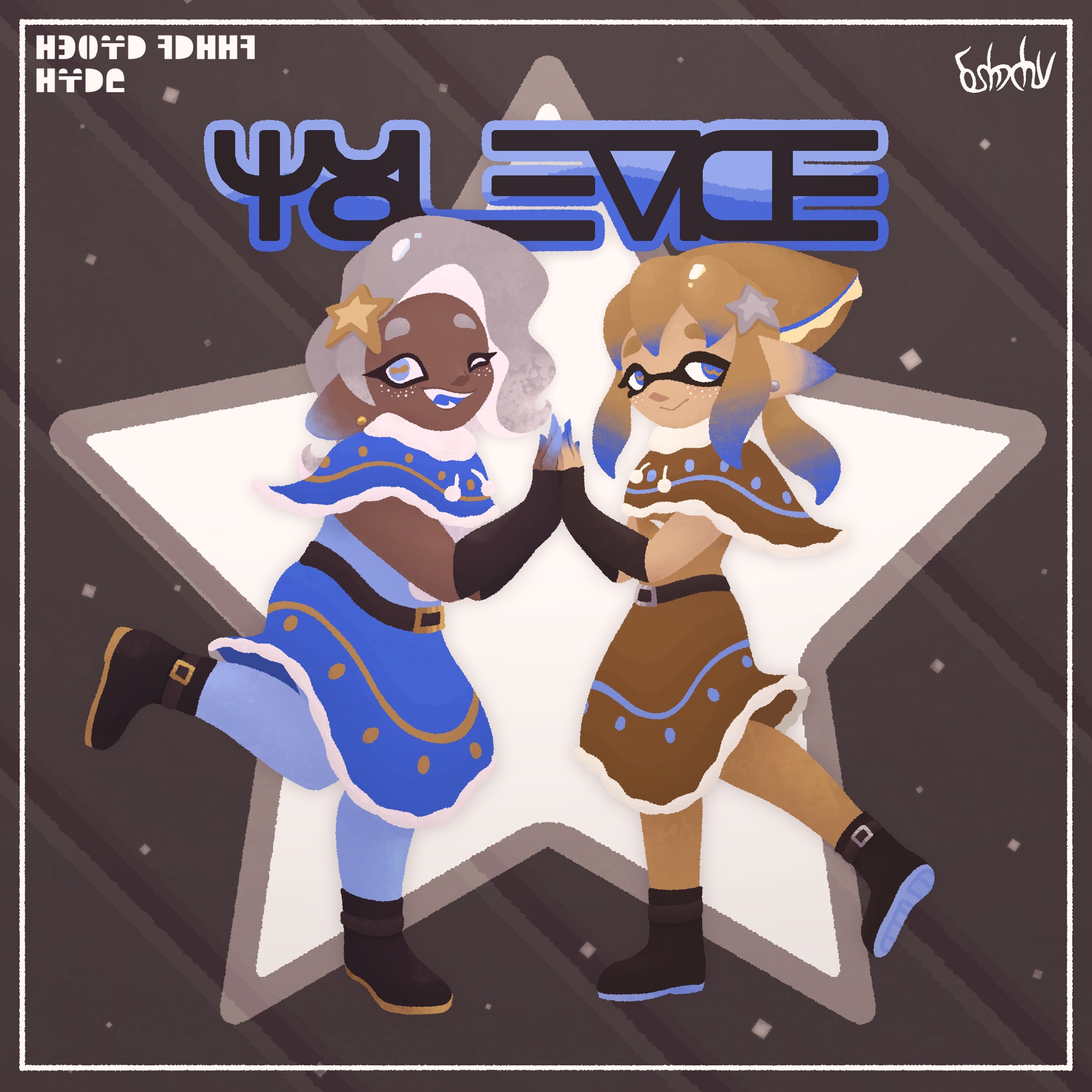 2. Artwork emulating Splatoon’s album cover artstyle of a personal interpretation of Decksterity, the band behind the Frostyfest lobby music “Yule Tide” that does not have an official design. The album art features a festive idol duo consisting of an octoling with a silvery and blue color scheme and a cuttlefish with a more predominantly goldish color scheme