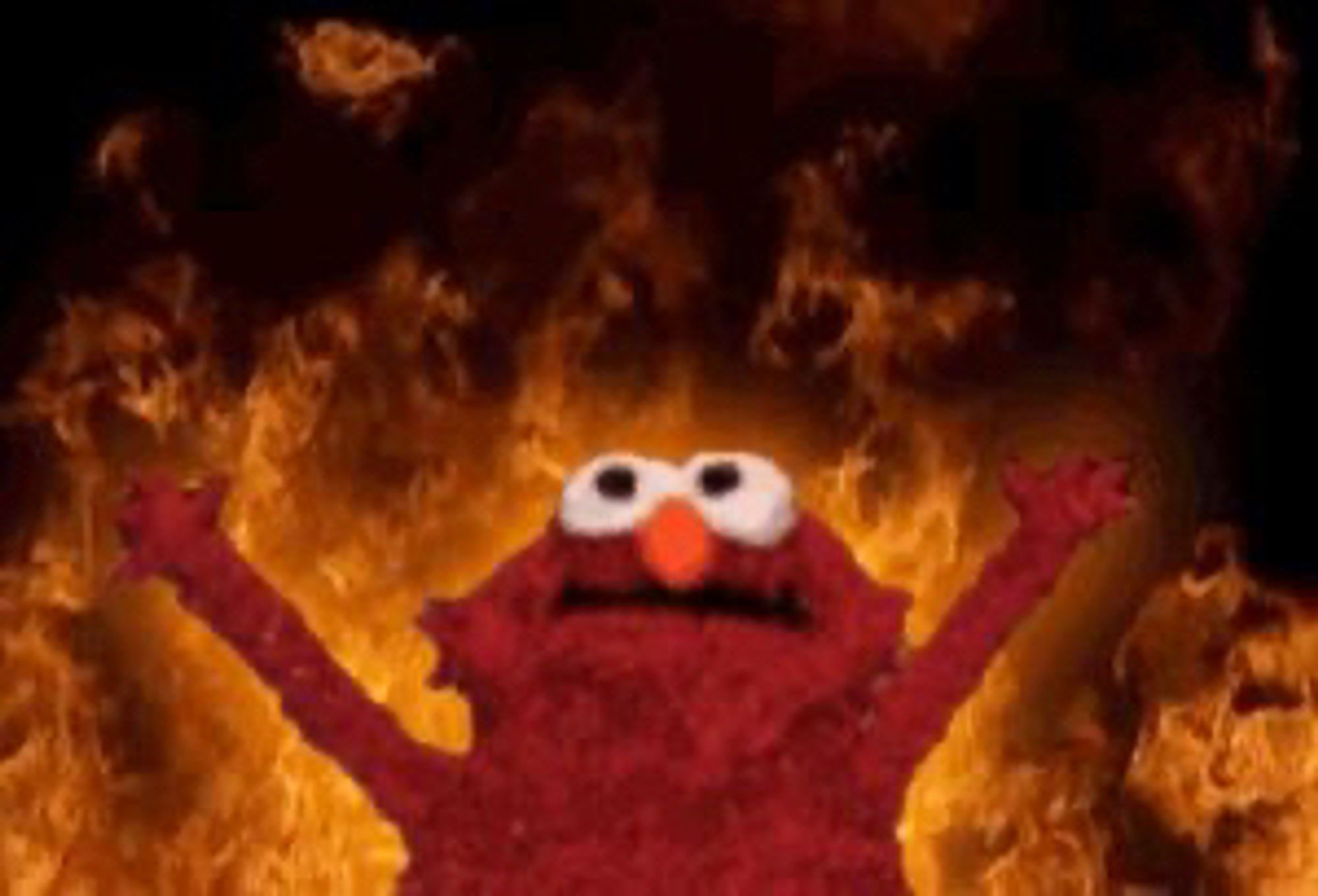 Elmo in a pit of hell fire insinuating this is how’d you feel wearing all black on a sunny day. i hate writing these fucking things 