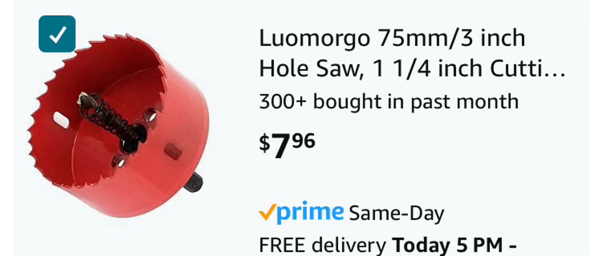 in my amazon shopping cart: a 3" circular drill bit. it's red. 

Luomorgo 75mm/3 inch
Hole Saw, 1 1/4 inch Cutti...
300+ bought in past month
$7.96
Prime Same-Day
FREE delivery Today 5 PM -