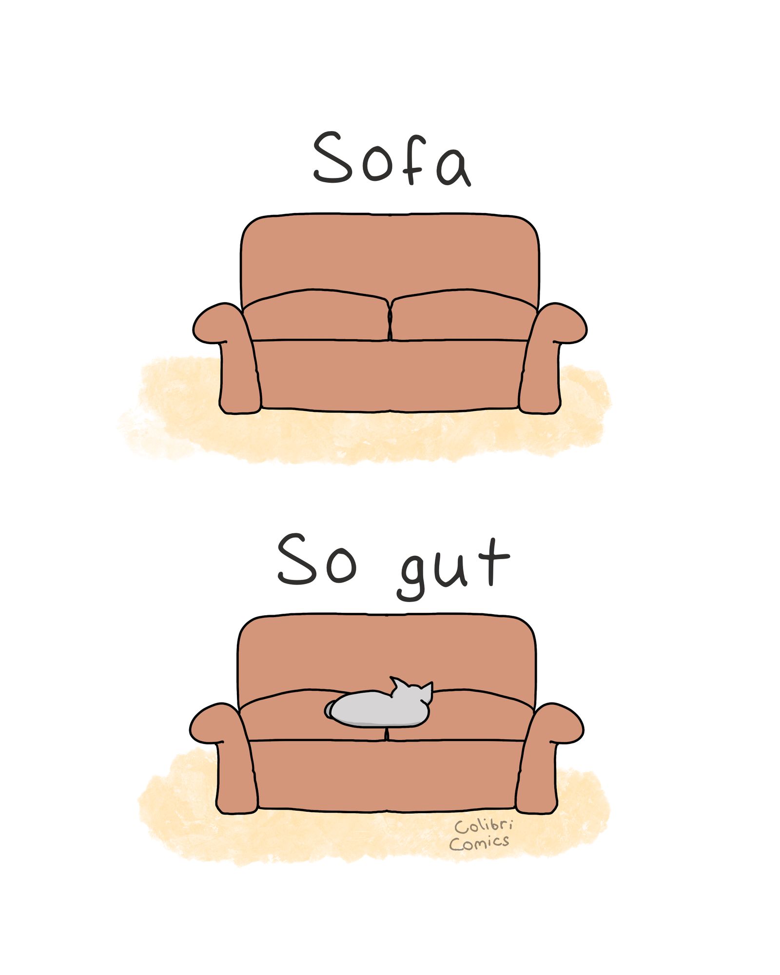 Zwei Bilder.
Erstes:
Ein Sofa. Text darüber „Sofa“

Zweites:
Erneut das Sofa, diesmal mit einer Katze darauf. 
Text: „So gut“

Dies ist eine Andeutung auf den englischen Ausspruch „So far, so good“