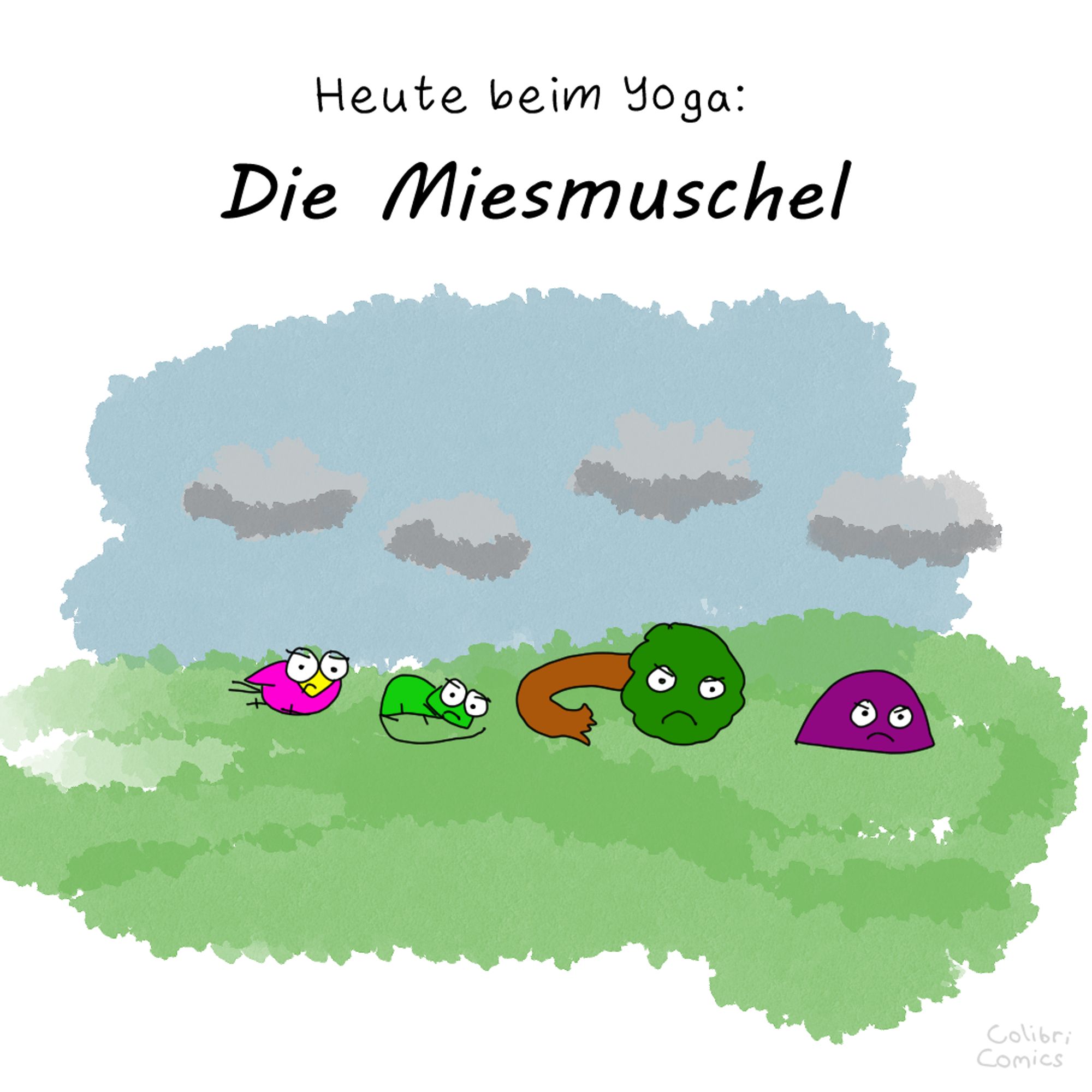 Colibri, Gecko und Baumi biegen sich komisch am Boden - sie machen es Miesmuscheli nach. Dies ist wohl die Asana "Die Miesmuschel."