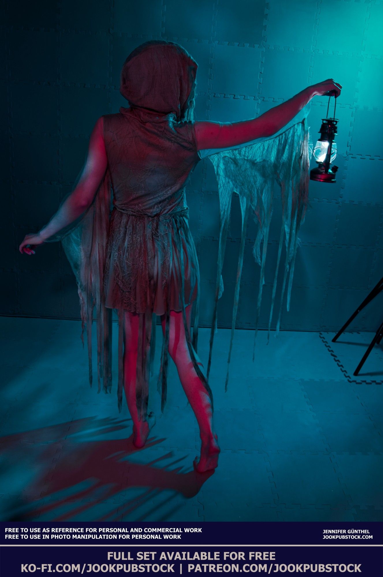 drawing reference photo of a model wearing a spooky dress, holding a lantern