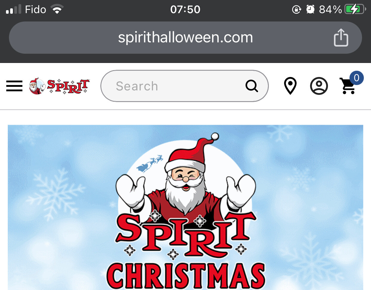 Screenshot of spirithalloween.com showing the top half of the Spirit Christmas banner.