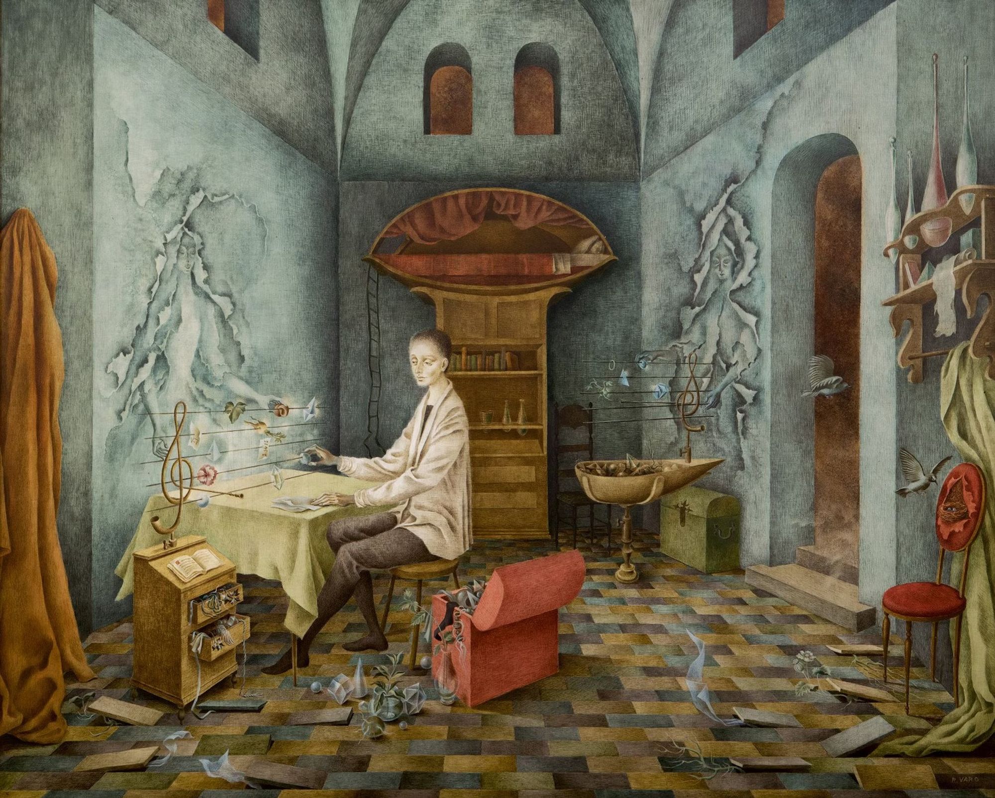 A androgynous figure sits in a study-like room with blue walls and high ceilings putting objects (like crystals and plants) on a musical stave. A feminine figure emerges from the wall to also place objects on the stave. Another stave is being tended to by a masculine-coded figure in the back right of the scene.