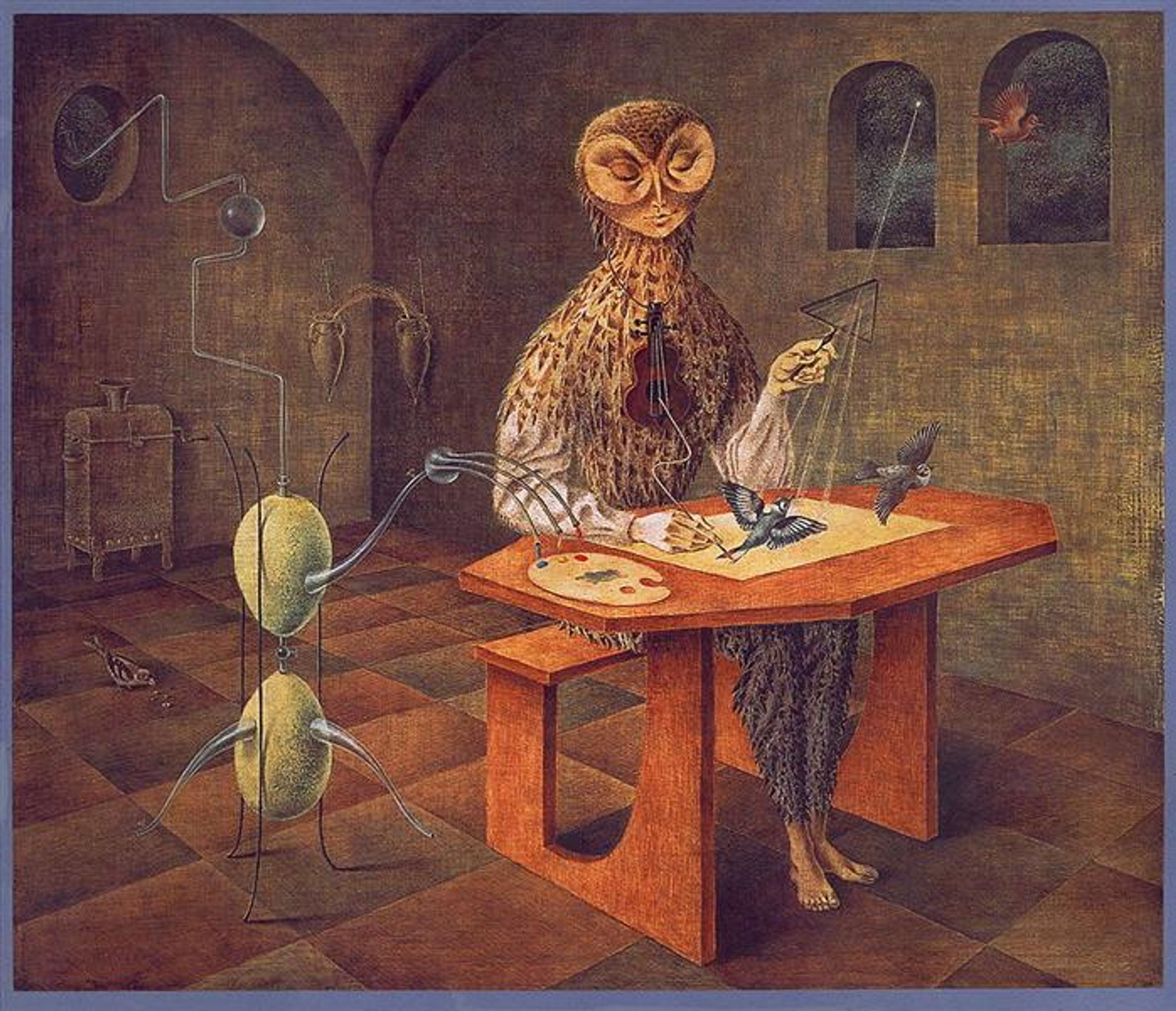 An owl-human hybrid paints with a bird on paper that then transforms into a real bird though the light that the owl-human figure is refracting through a triangle glass. An alchemical contraption is squirting out red, blue, and yellow paint onto the owl-human's palette.