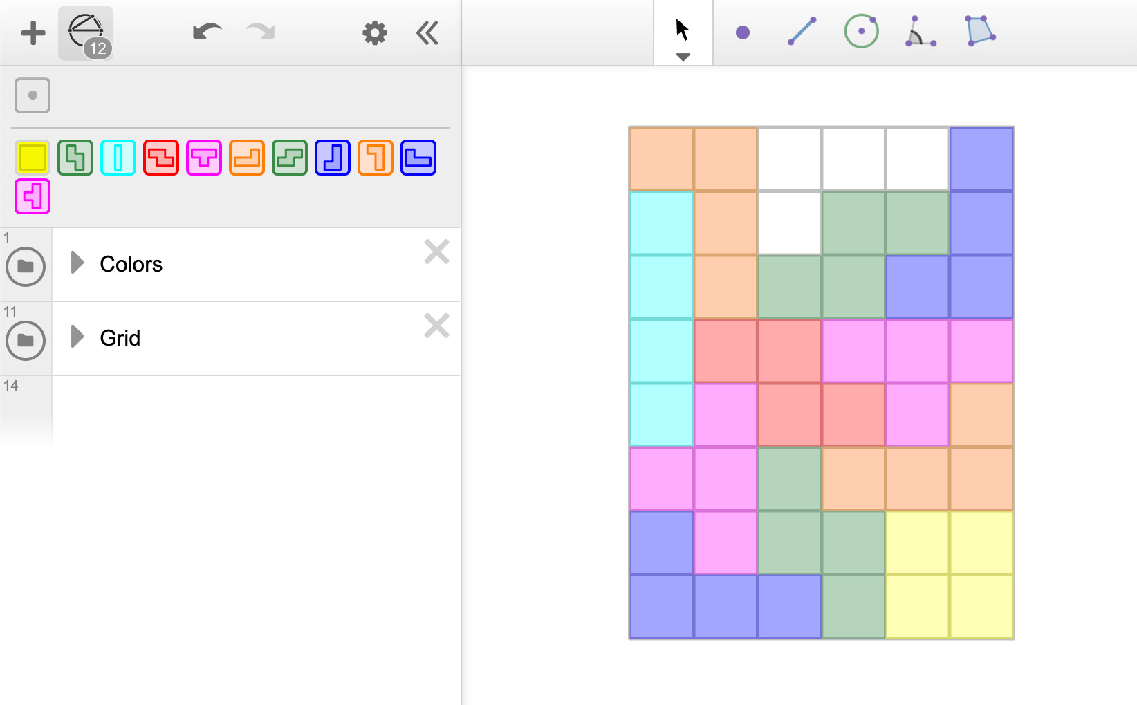 A tiling of colorful Tetris-style tetrominoes constructed in Desmos Geometry, displaying token icons representing the polygon components in their respective orientations and sizes.