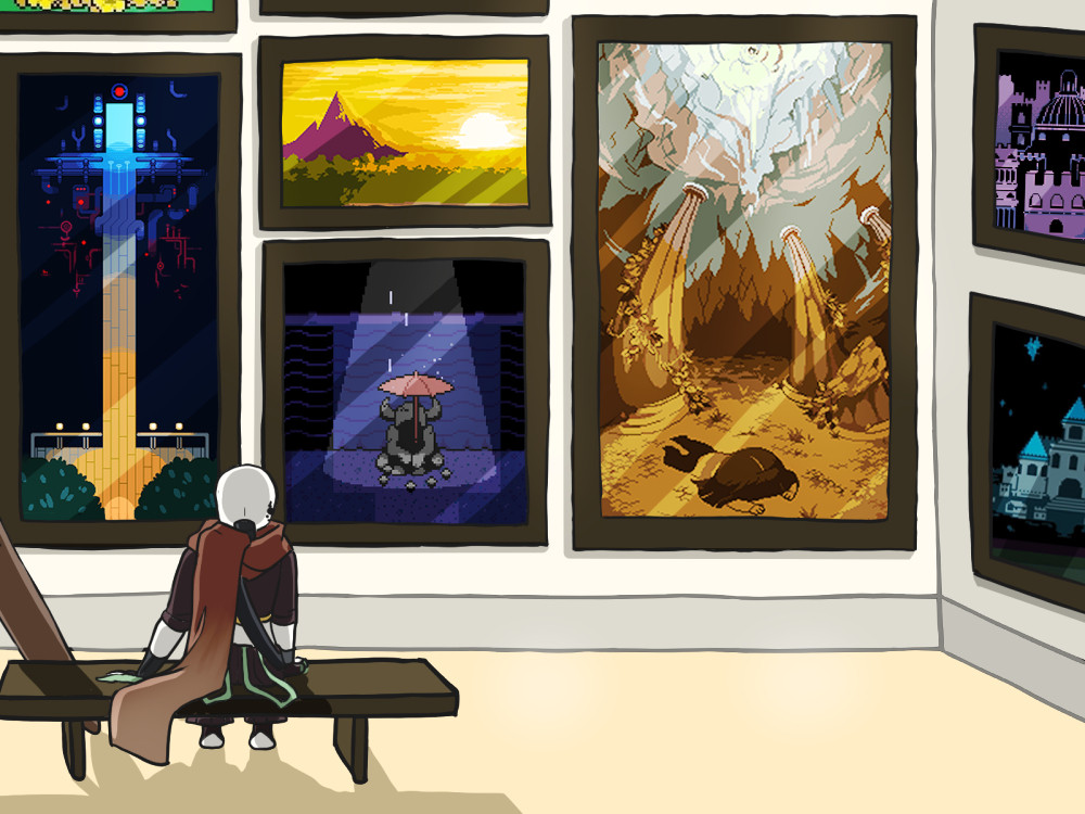 An image of an art gallery.  Ink Sans is sitting on a bench in front of the wall, facing towards the artwork away from the viewer, casting a shadow on the floor.  The gallery walls are a pale parchment color with dark frames, and each "painting" is a game asset from Undertale.  From left to right they include: the Hotlands elevator bridge, the Surface from the end of the game, the Raining Statue from Waterfall, the Fallen Child in the Ruins from the intro sequence, and two pictures of the New Home castle.  The edge of a golden flower picture can be seen just above the rest, mostly out of view.