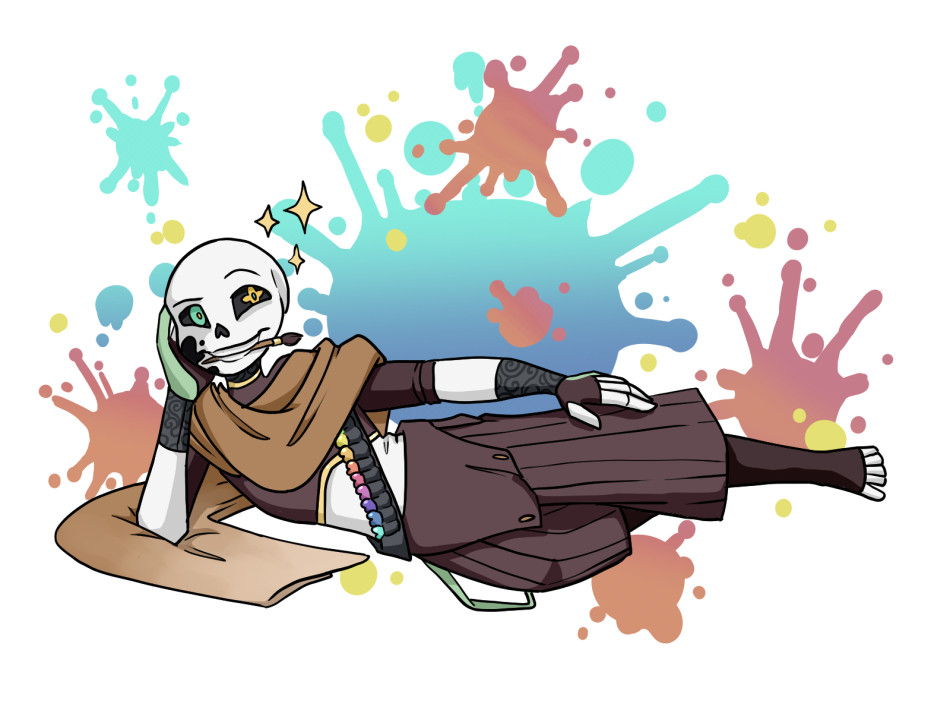 A fullbody portrait of Ink Sans, reclined in the "French girl" meme pose from Titanic, with a paintbrush clenched in his teeth.  He is leaning on his scarf against an abstract background splattered with drops of paint in teal, bronze, and gold.