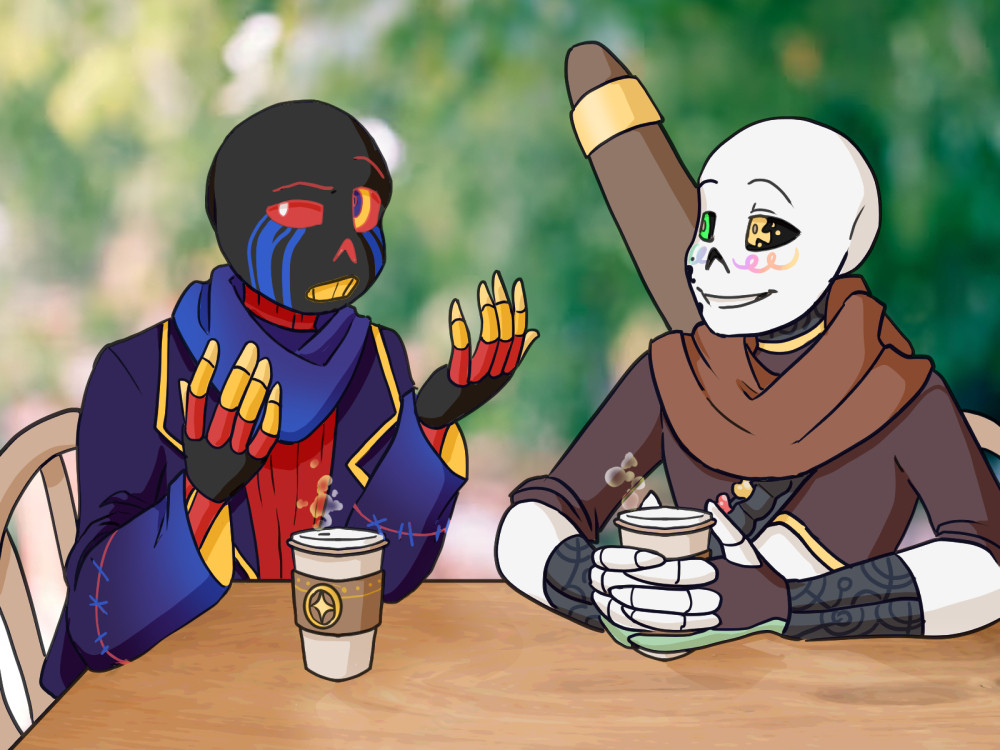 A fullcolor picture of Ink and Error gossiping at an outdoor coffee shop, seated at a table with to-go cafe cups.  Error has a frustrated expression and is gesturing with his hands in a shrugging motion while he rants, and Ink is watching on with a grin.