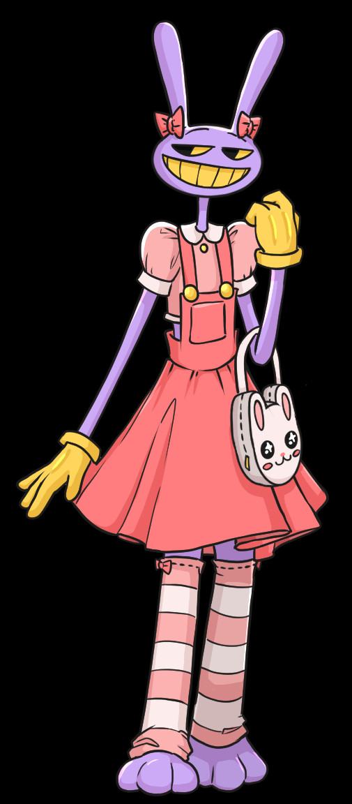 A full-body portrait of Jax from the Amazing Digital Circus, with a transparent background.  Jax is a tall purple humanoid rabbit with rubber-hose limbs, bright yellow gloves, and a wide grin of yellow teeth.  He has a smug expression and is looking off to one side.  Jax is dressed in a dark pink jumper dress with overall straps and gold buttons, and a flared skirt.  He's also wearing a light pink crop top with puffed sleeves, striped pink and cream legwarmers that go up past his knee, and is carrying a purse shaped like a rabbit head with big sparkly eyes.