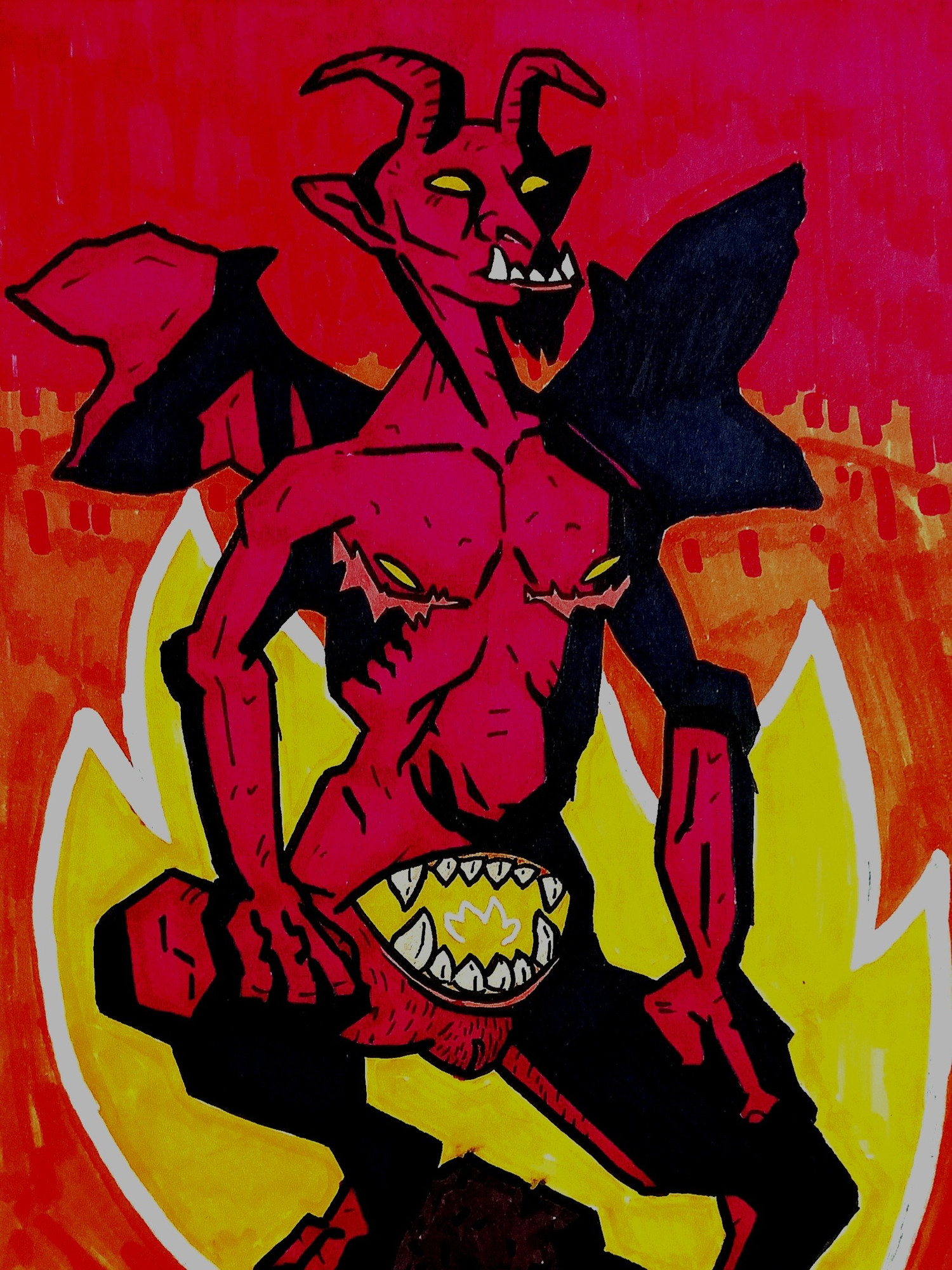 A Hellboy-esque trans masc demon posing before a firey background.