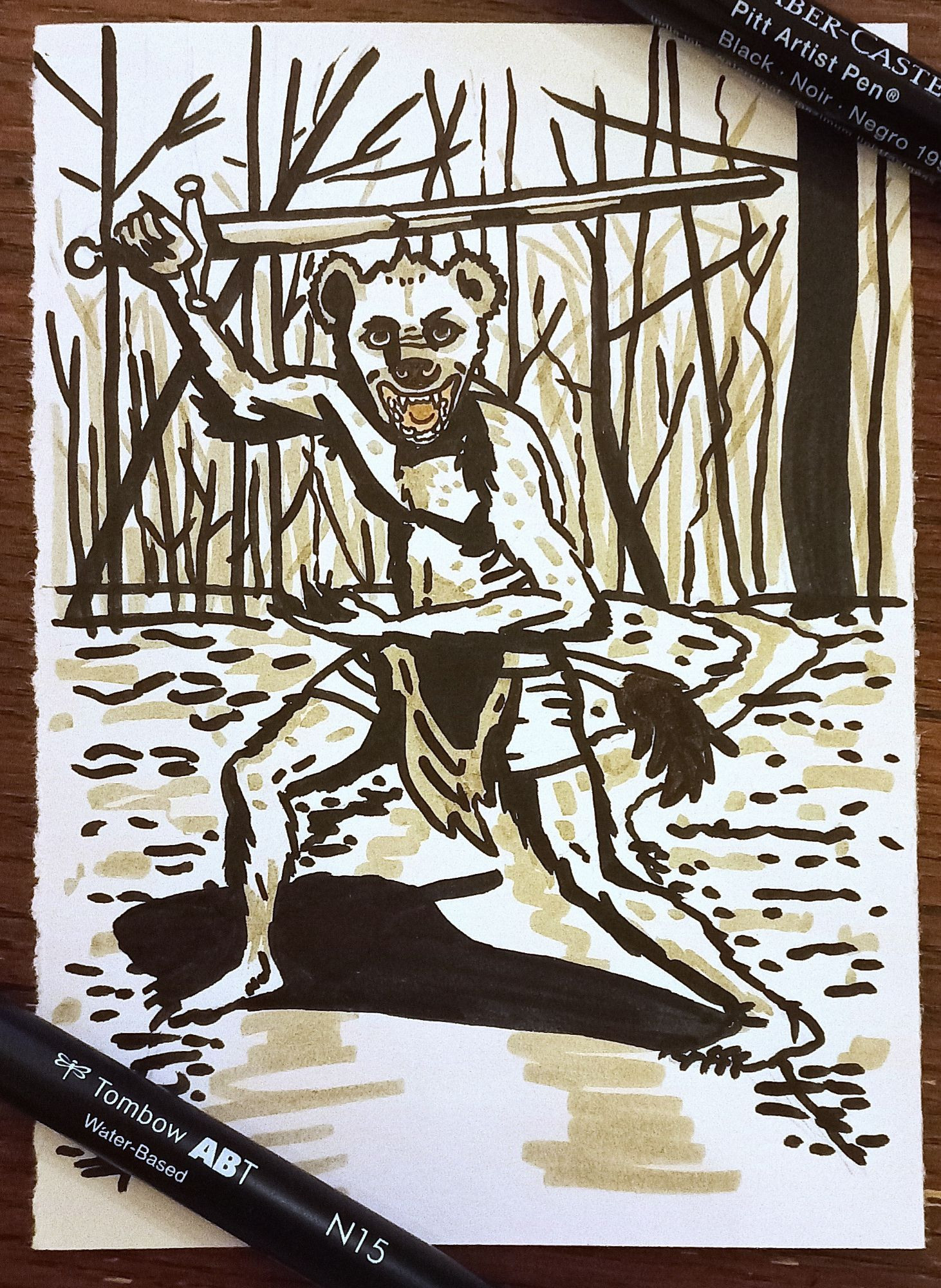 A gnoll with a sword stands blocking a forest path, ready to swing.