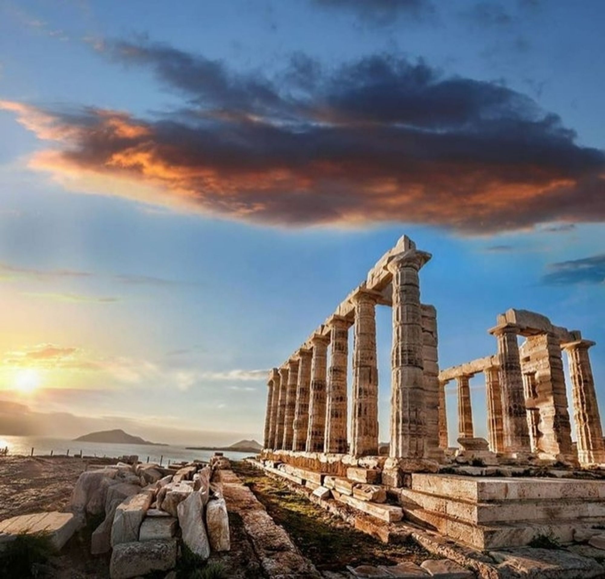 The temple of Poseidon at Cape Sounion, Attica, Greece. Dated 5th century BCE.