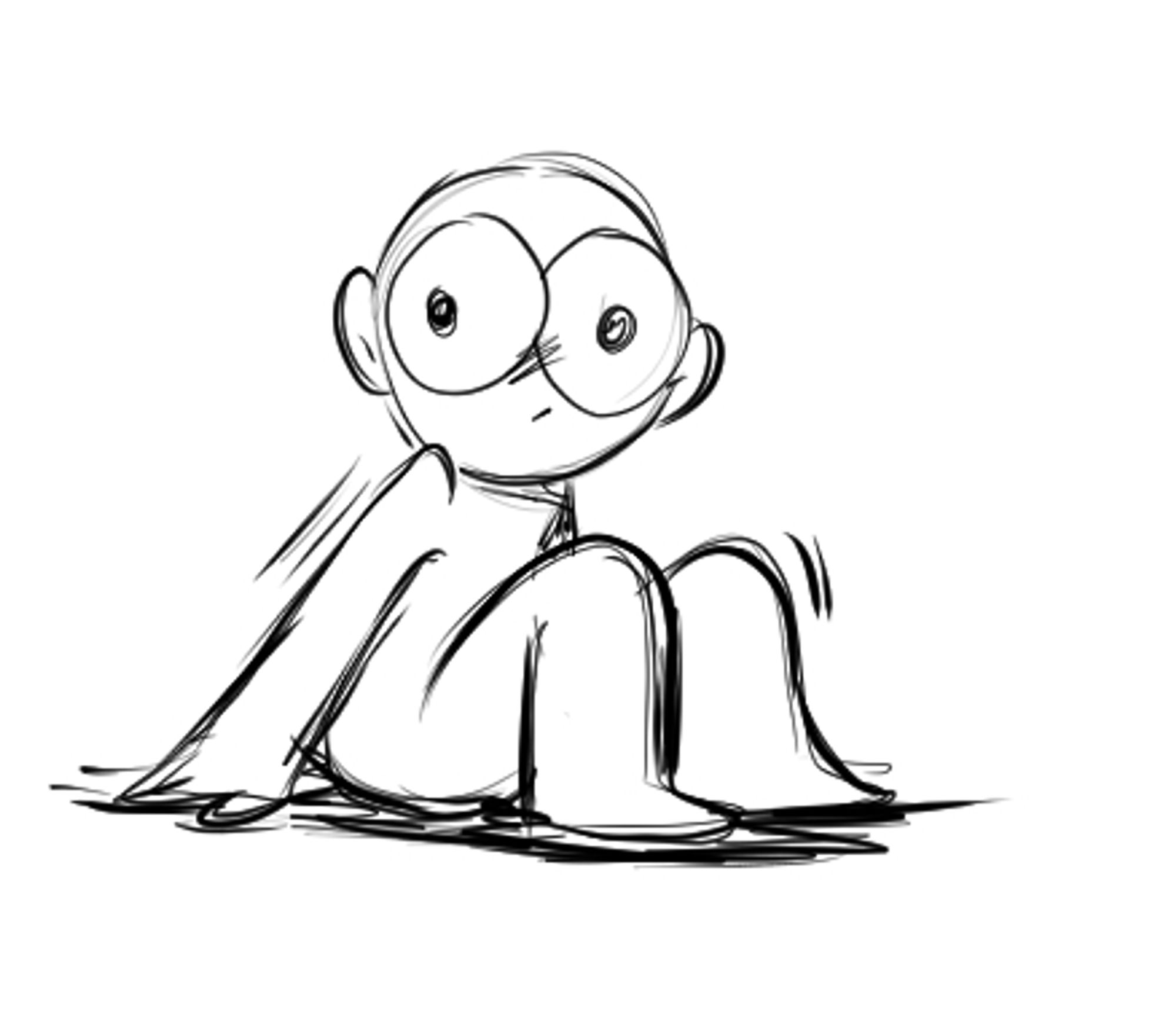 A simple cartoon drawing of a person sitting down, eyes widened and slightly shaking.