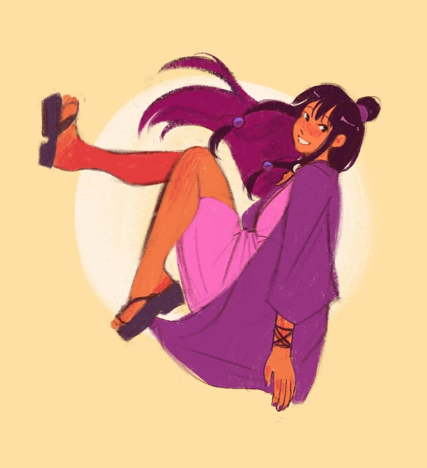 drawing of maya fey hanging in the air smiling at the viewer in bright oranges and purples 