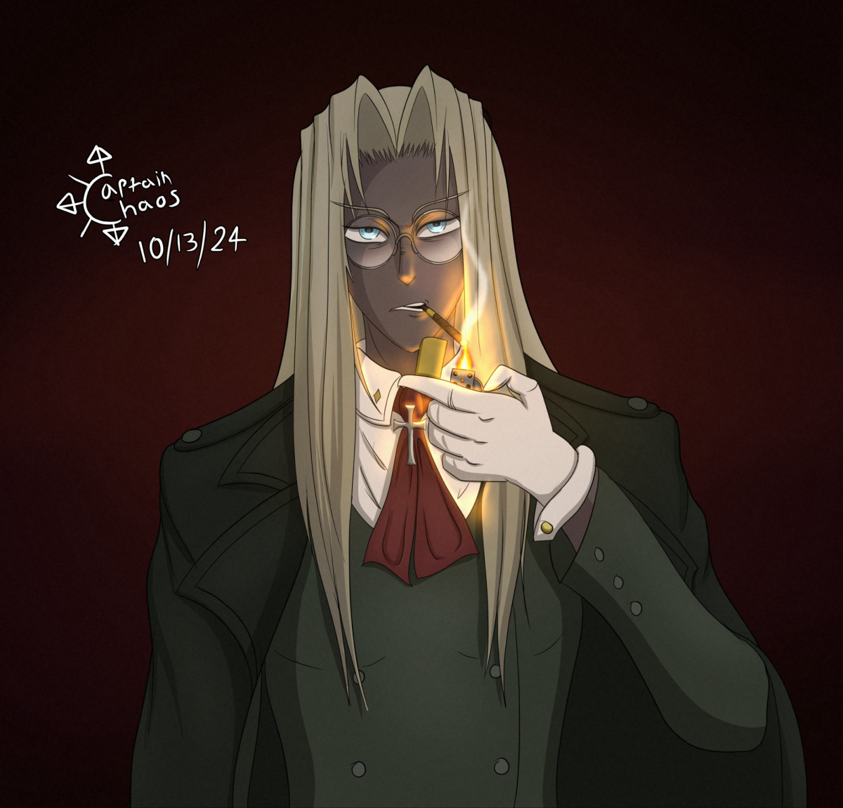 An illustration of Integra Hellsing lighting a cigarello and staring down the viewer.