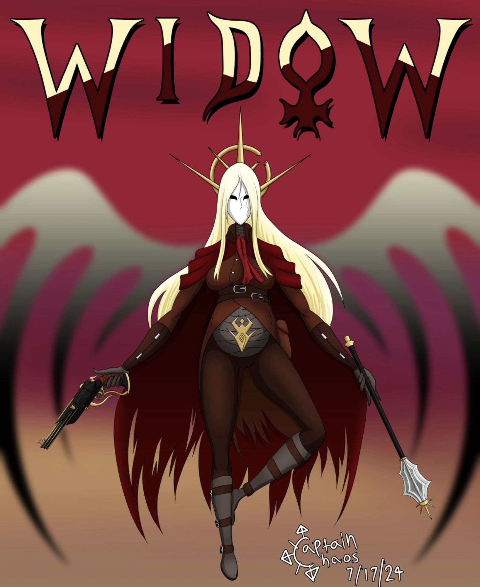 An lllustration of The Widow, my retro FPS protagonist. She wears brown leather, a red cloak, a white mask and has long blonde hair and is proportioned like a Leiji Matsumoto character.