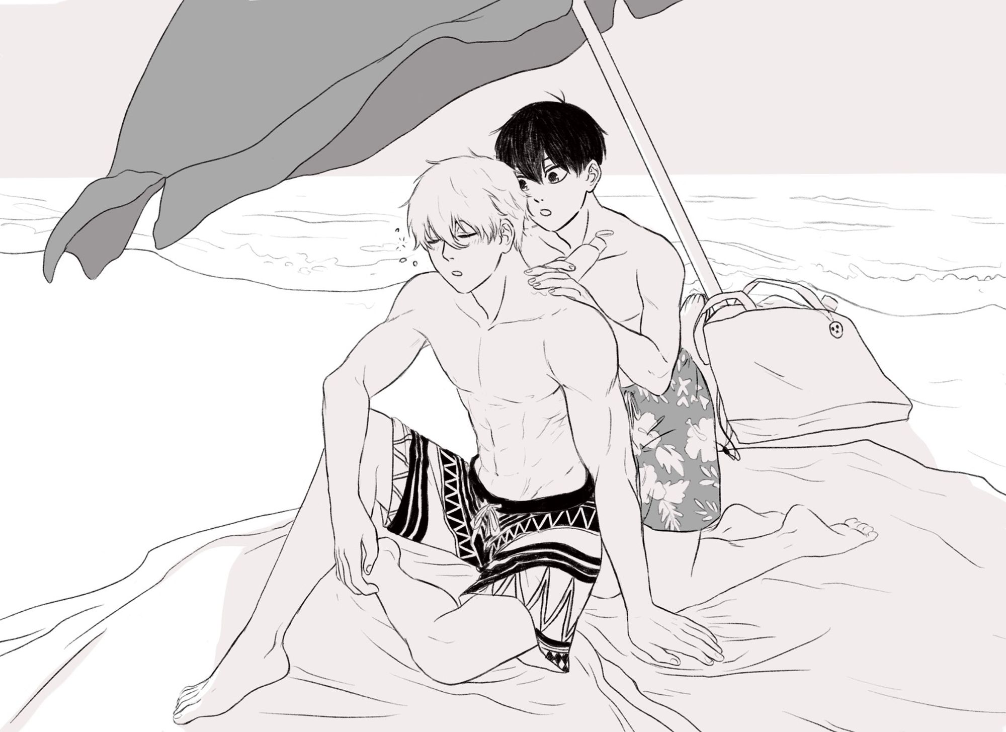 nagi and isagi on the beach, sitting under the shadow of a parasol, with Isagi spreading sunscreen on Nagi's back