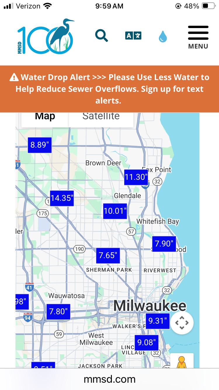 Map of Milwaukee area with current rain totals ranging from 7.65 inches to 14.35 inches