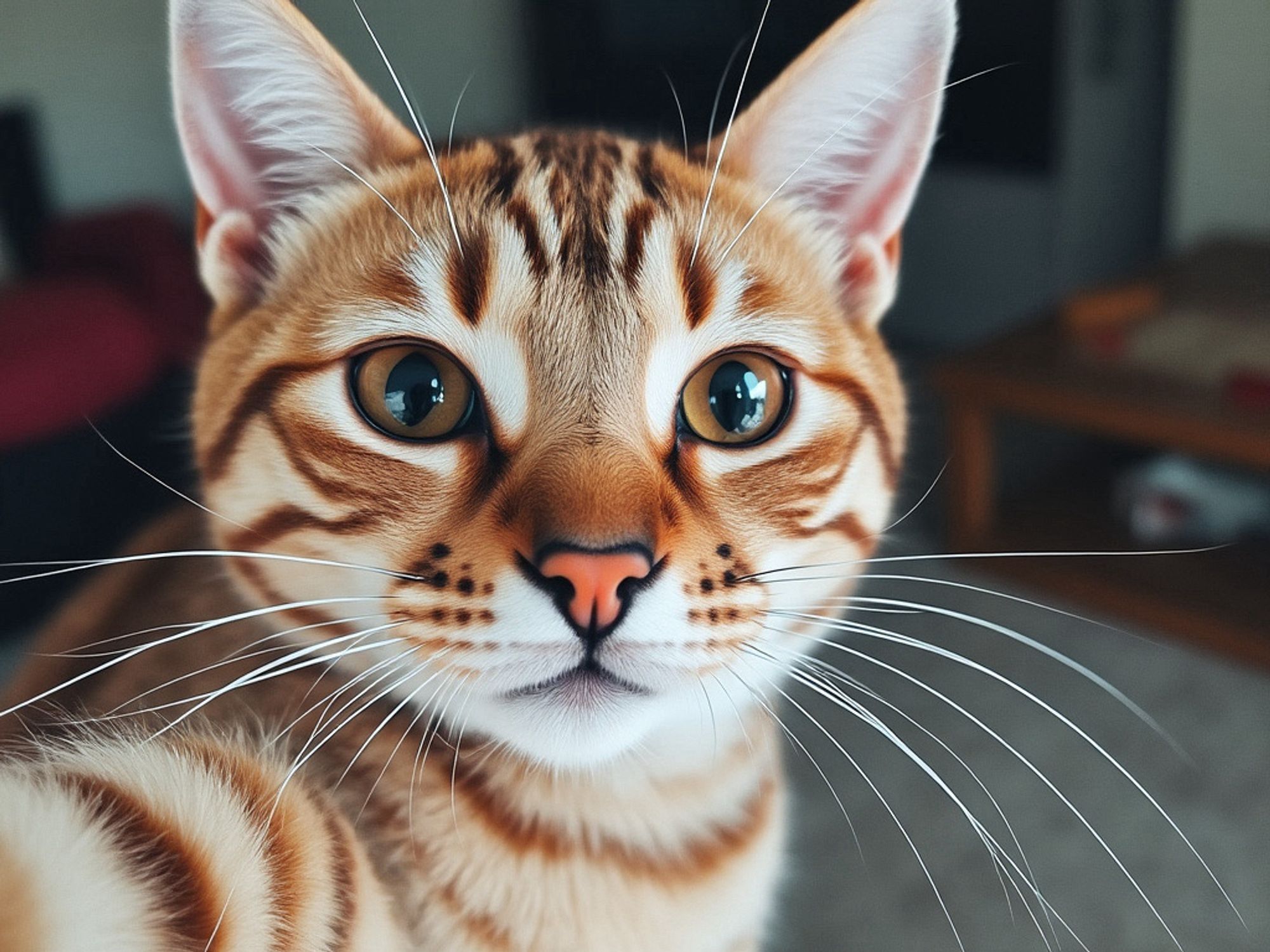 A stylish brown tabby cat is wearing round, dark sunglasses while appearing to take a selfie. The cat has dark stripes on its light brown fur and a calm, cool demeanor, enhanced by the trendy glasses. The background features a cozy, warmly lit room, adding a relaxed and fashionable vibe to the scene. The cat’s pose and accessories give it a playful and charismatic appearance.