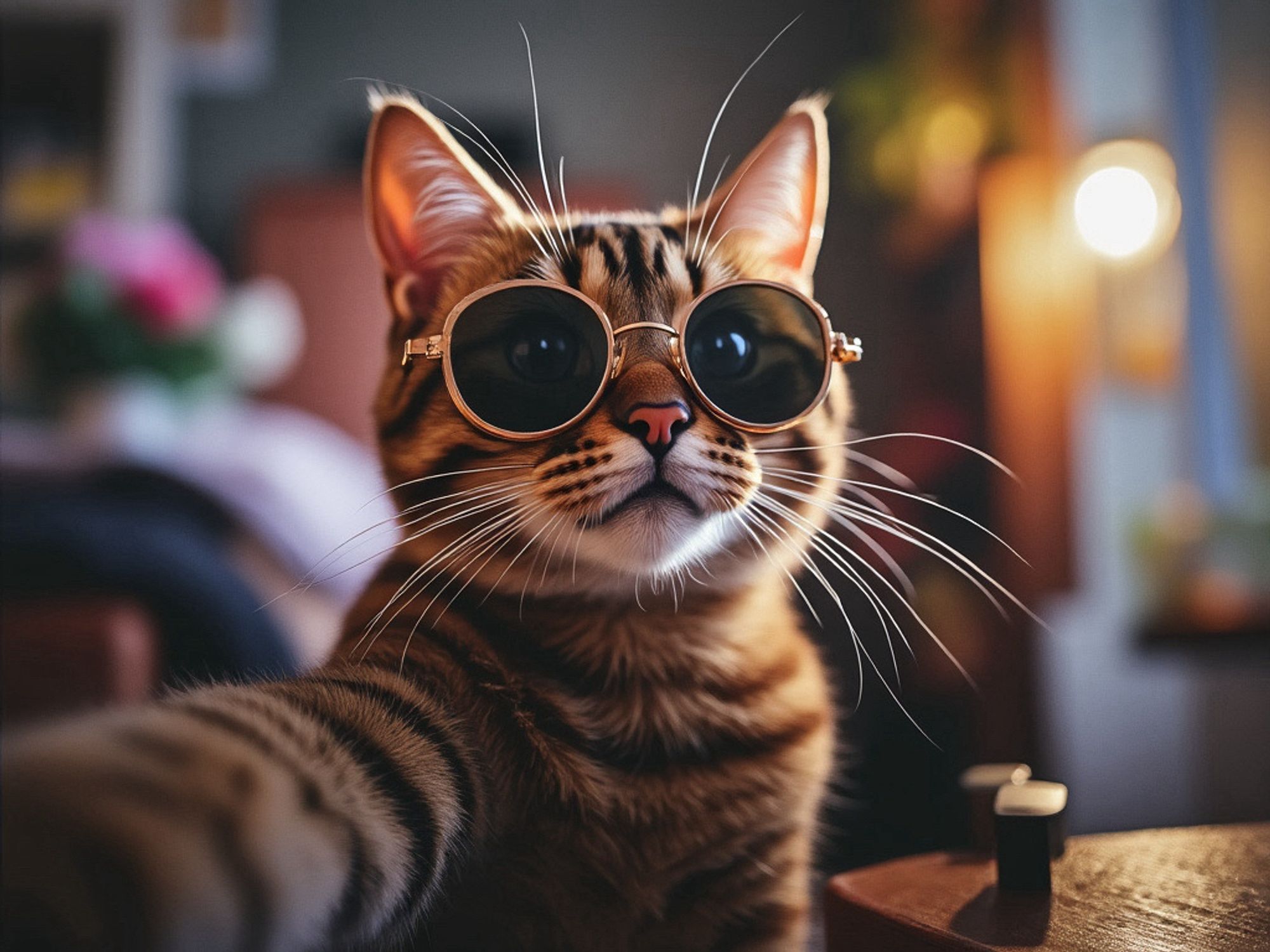 A close-up image of a beautiful, light brown tabby cat with striking green eyes. The cat is facing the camera directly, and it looks as if it is taking a selfie. The cat’s fur has a warm, golden hue with dark brown stripes, and its eyes are wide open, giving it a curious and engaged expression. The background is softly blurred, keeping the focus entirely on the cat’s face.