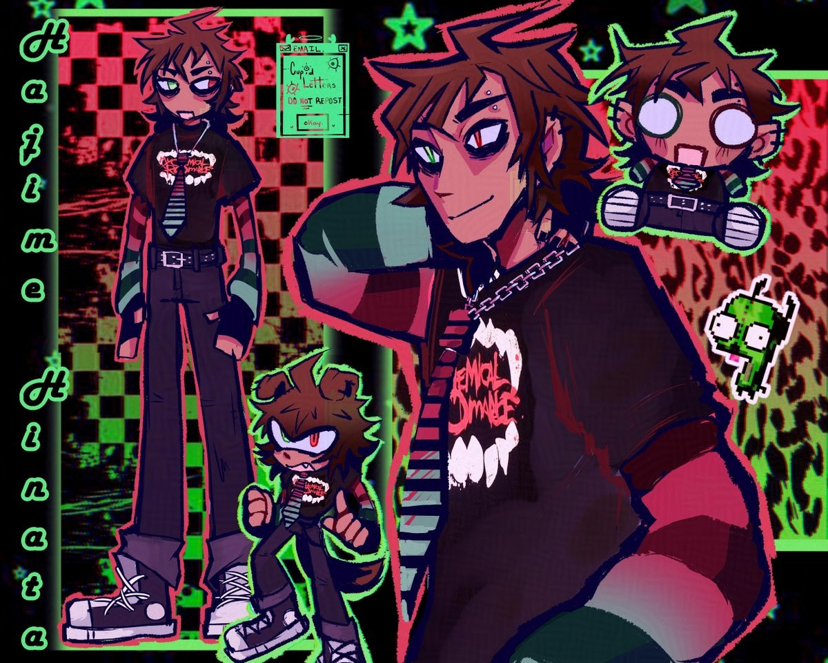 Collage of illustrations of Hajime Hinata, from the Danganronpa franchise. He is depicted in a scenecore aesthetic, surrounded by reds and greens. 