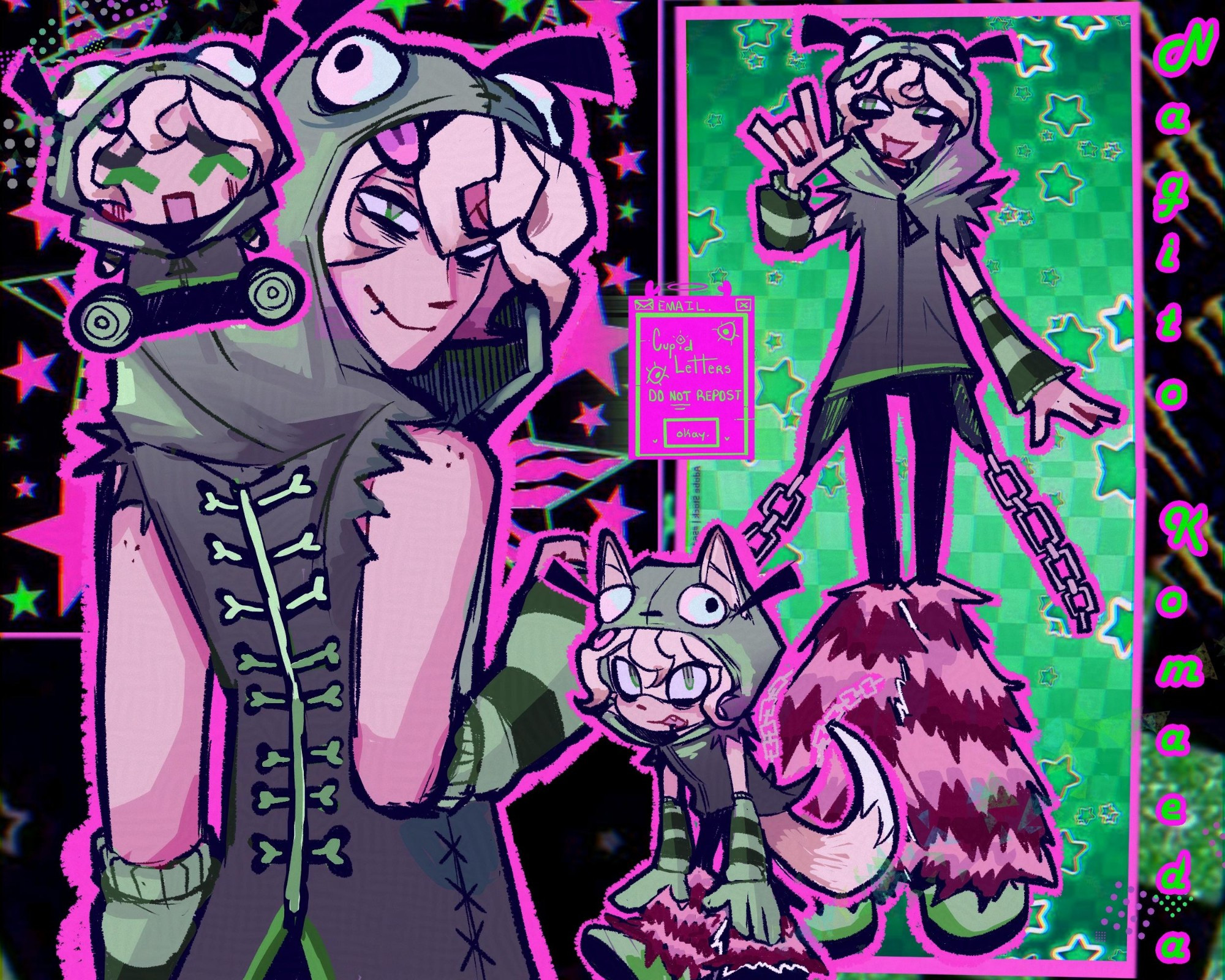 Collage of illustrations of Nagito Komaeda, a character from the Danganronpa franchise. He is depicted in a scenecore aesthetic, surrounded by greens and pinks.