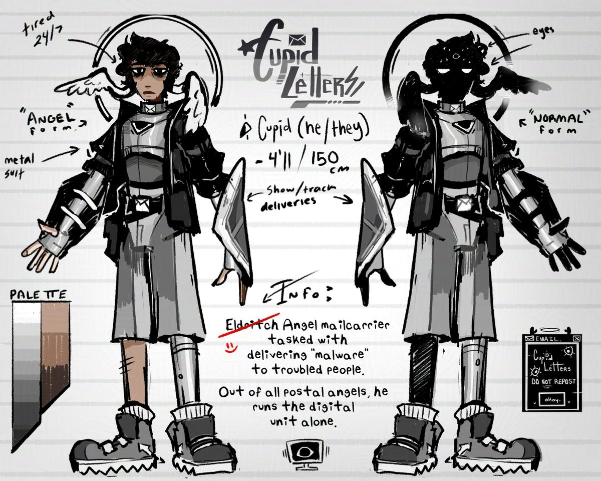 Character reference sheet. Two versions of character on opposite sides of the image with miscellaneous descriptions all around. 